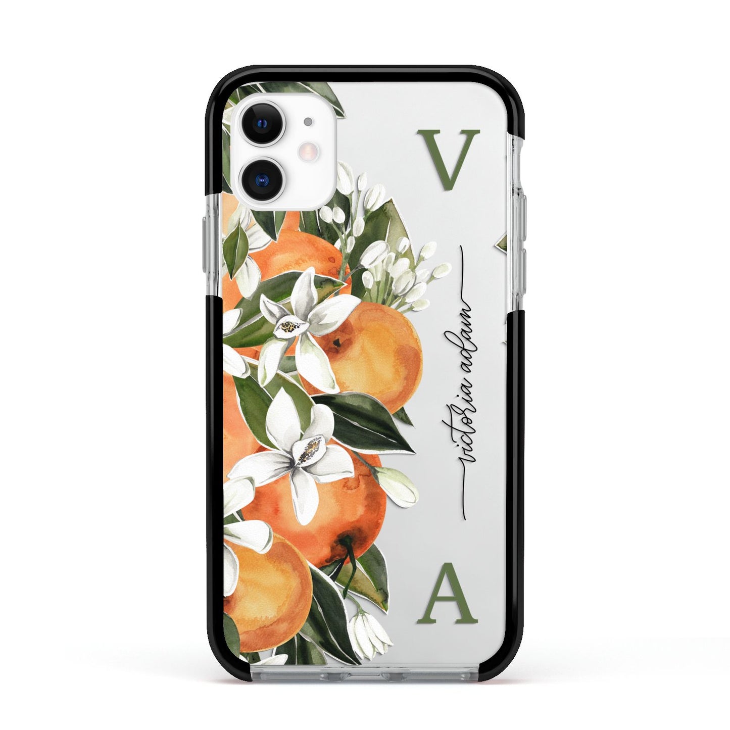 Monogrammed Orange Tree Apple iPhone 11 in White with Black Impact Case