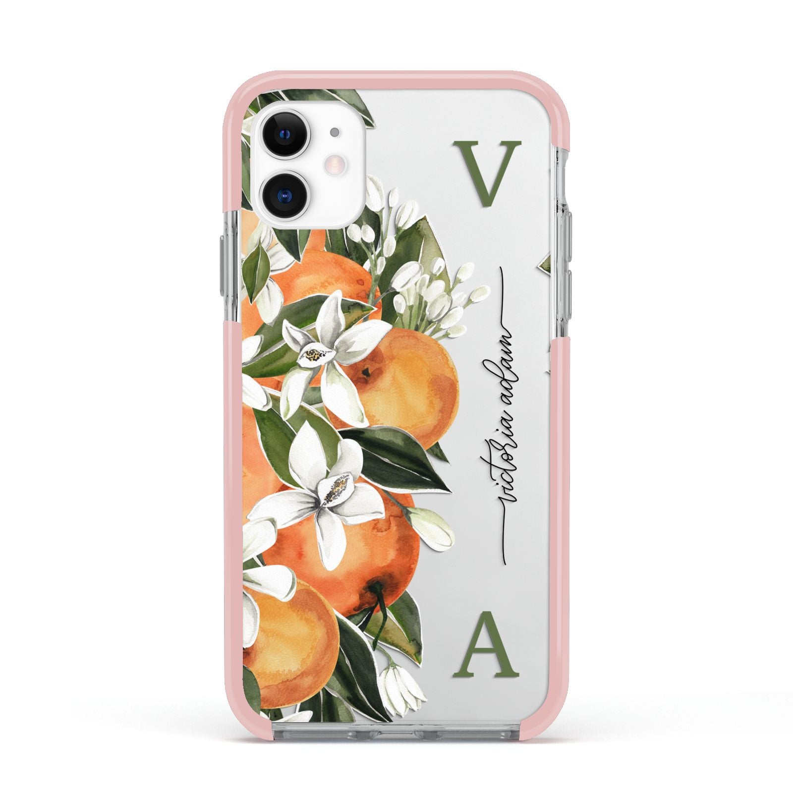 Monogrammed Orange Tree Apple iPhone 11 in White with Pink Impact Case