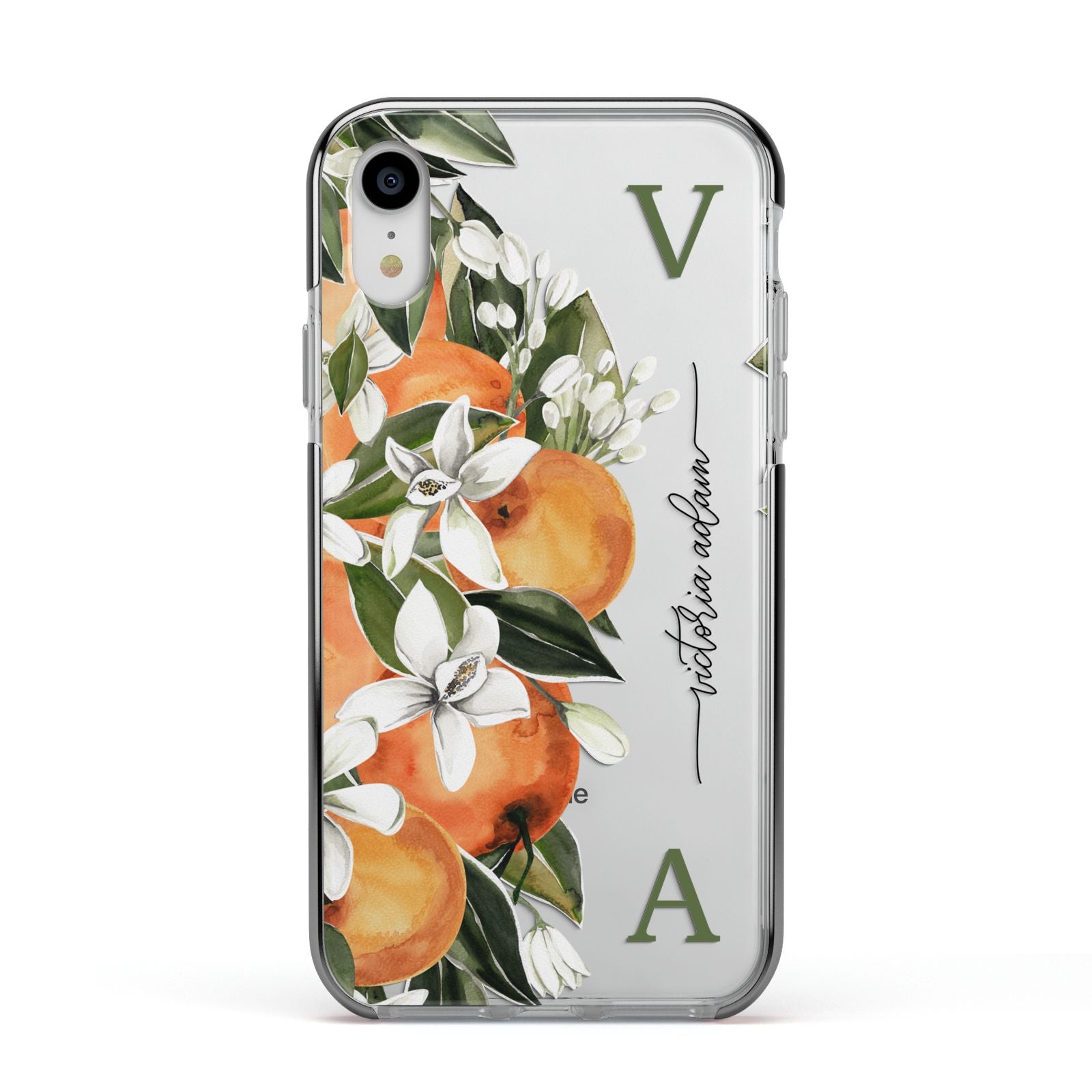 Monogrammed Orange Tree Apple iPhone XR Impact Case Black Edge on Silver Phone