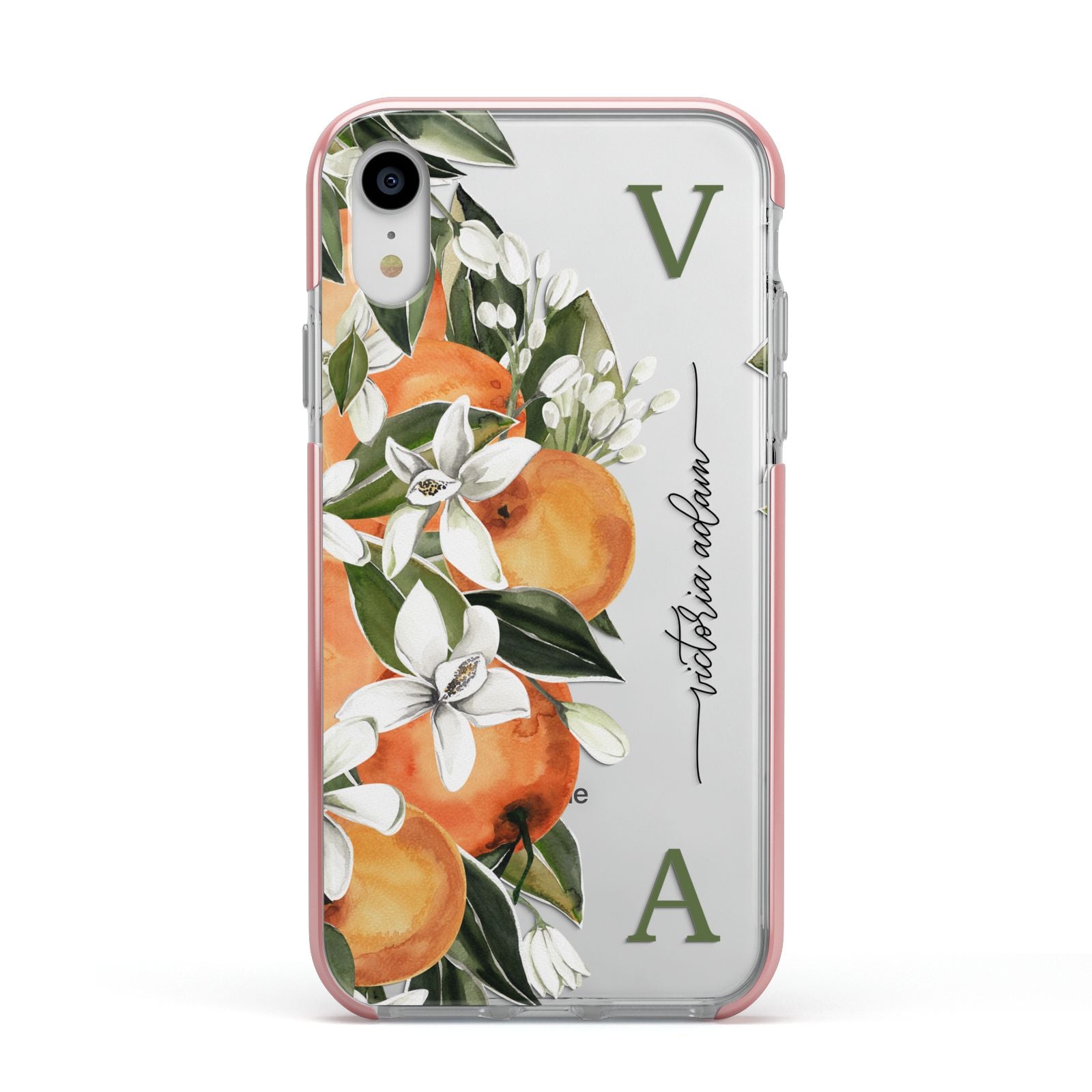 Monogrammed Orange Tree Apple iPhone XR Impact Case Pink Edge on Silver Phone