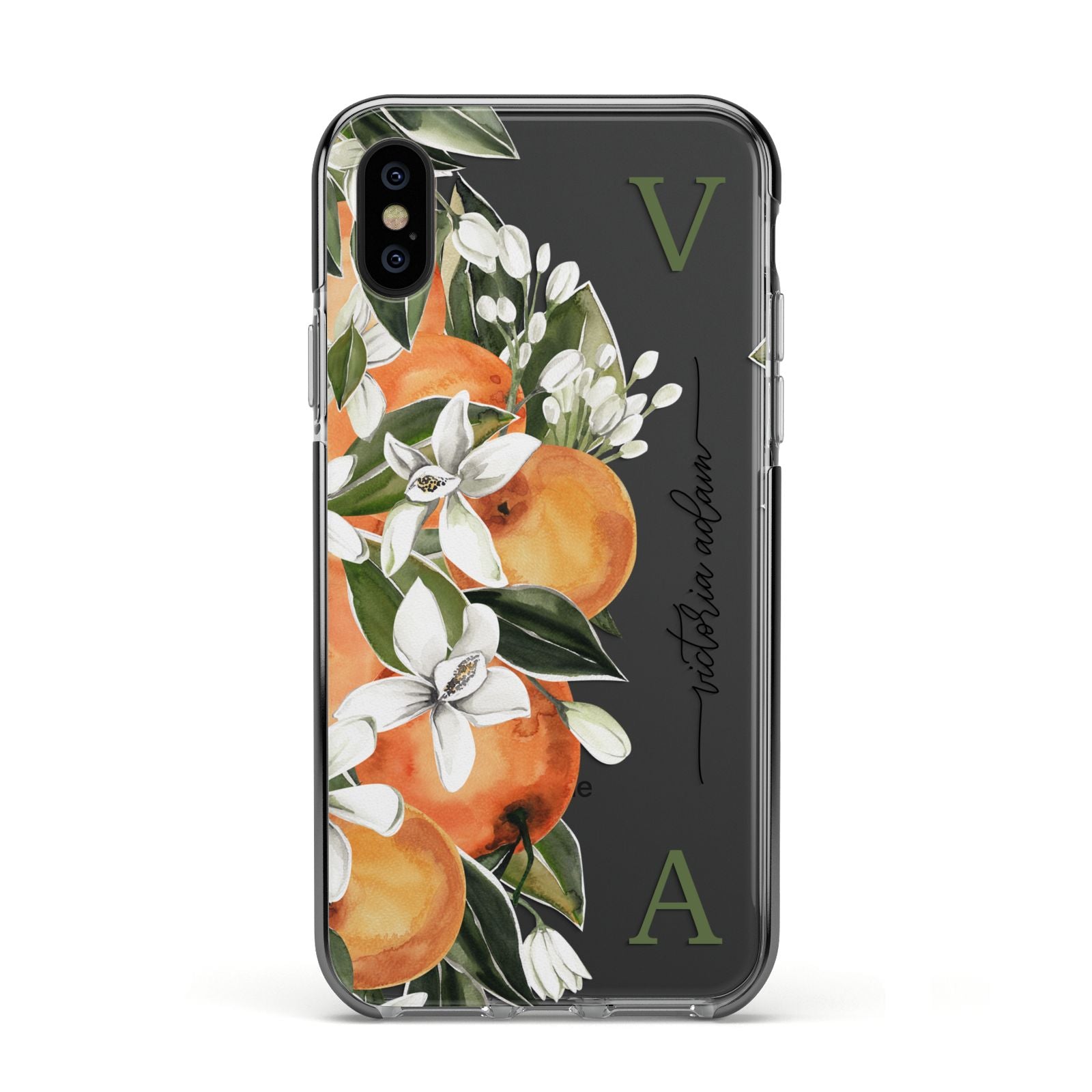 Monogrammed Orange Tree Apple iPhone Xs Impact Case Black Edge on Black Phone