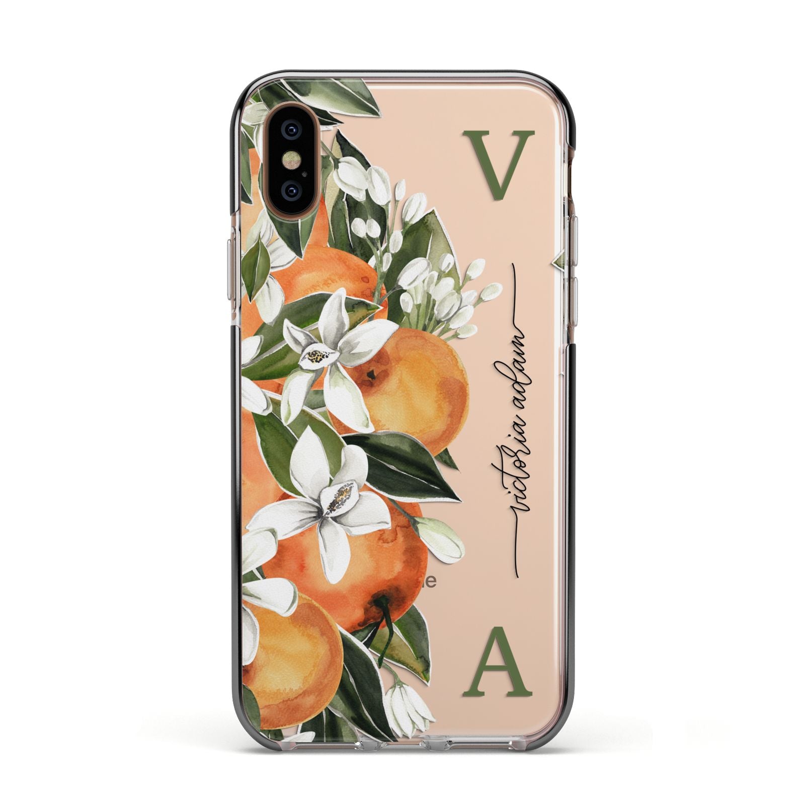 Monogrammed Orange Tree Apple iPhone Xs Impact Case Black Edge on Gold Phone