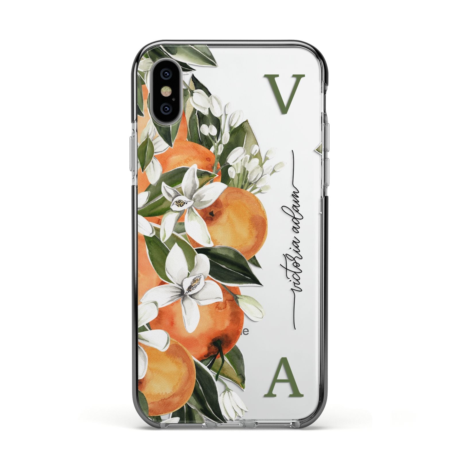 Monogrammed Orange Tree Apple iPhone Xs Impact Case Black Edge on Silver Phone