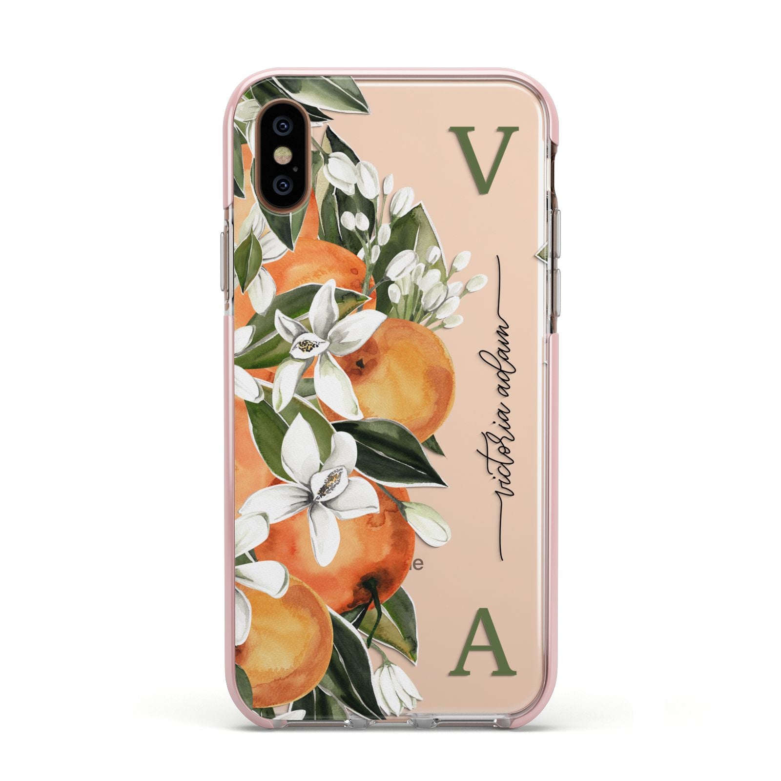 Monogrammed Orange Tree Apple iPhone Xs Impact Case Pink Edge on Gold Phone