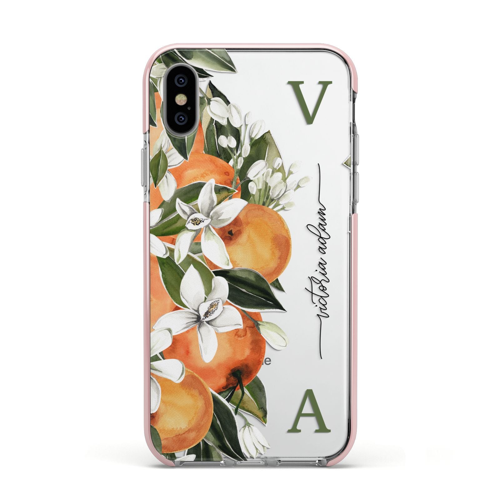 Monogrammed Orange Tree Apple iPhone Xs Impact Case Pink Edge on Silver Phone