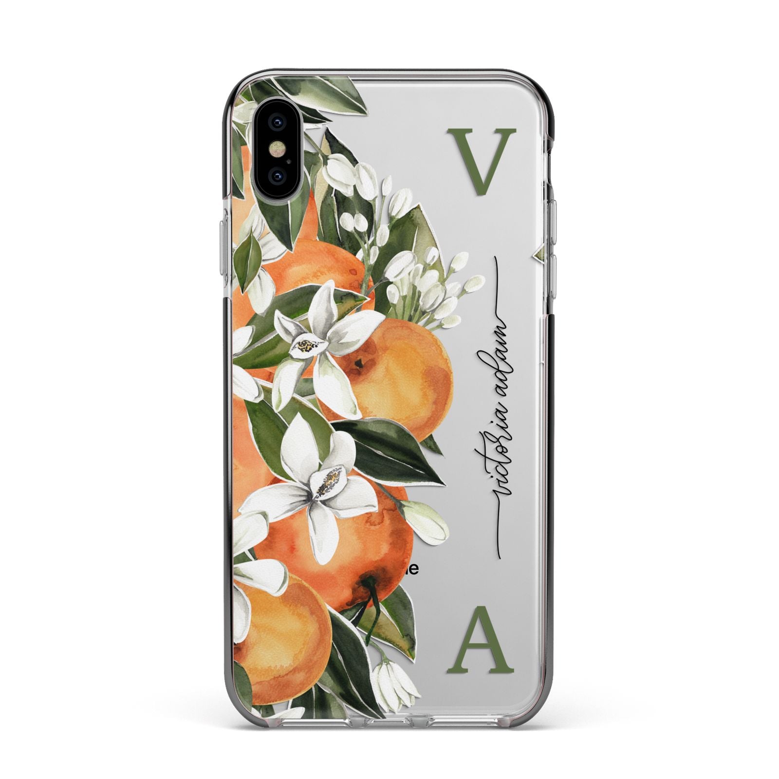 Monogrammed Orange Tree Apple iPhone Xs Max Impact Case Black Edge on Silver Phone