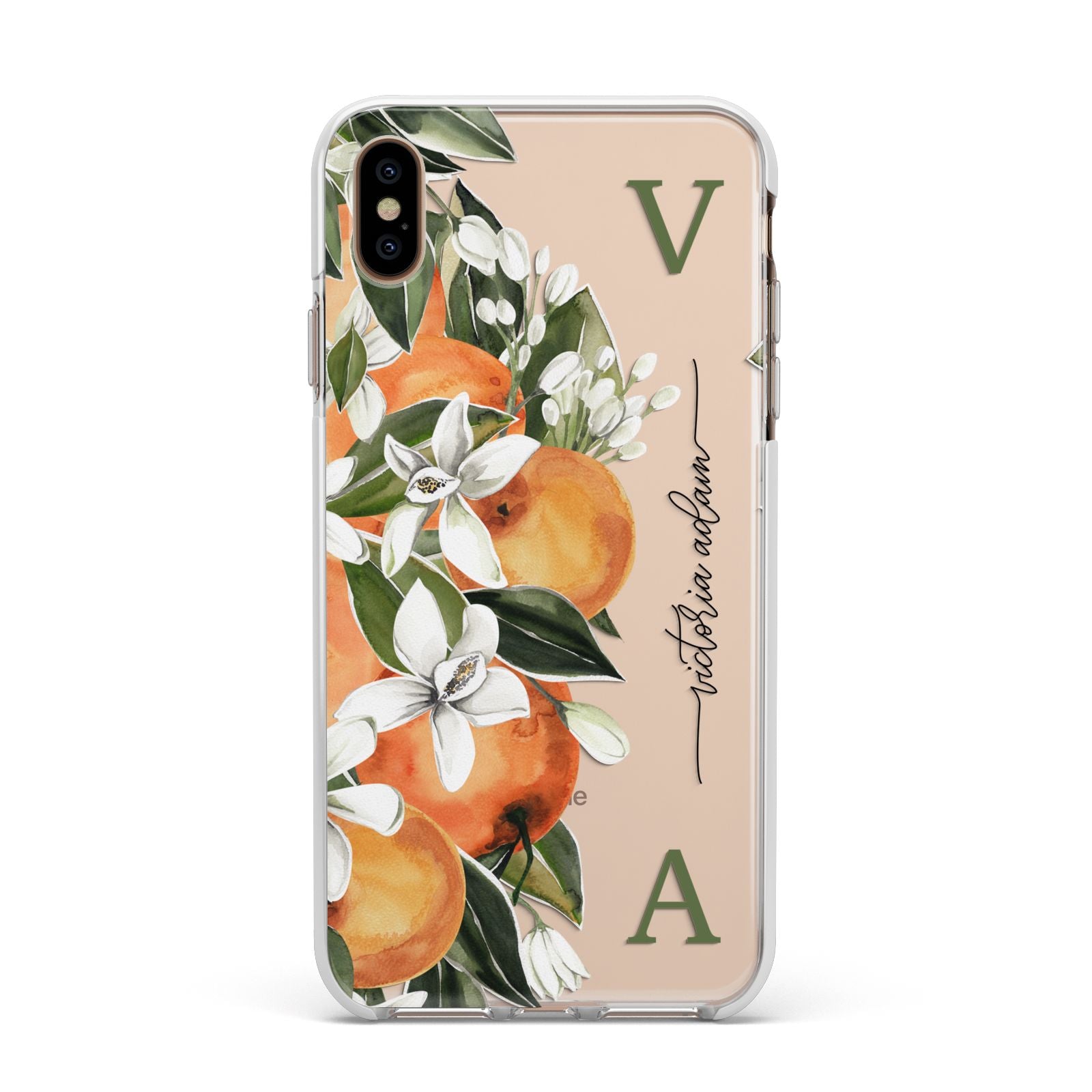 Monogrammed Orange Tree Apple iPhone Xs Max Impact Case White Edge on Gold Phone