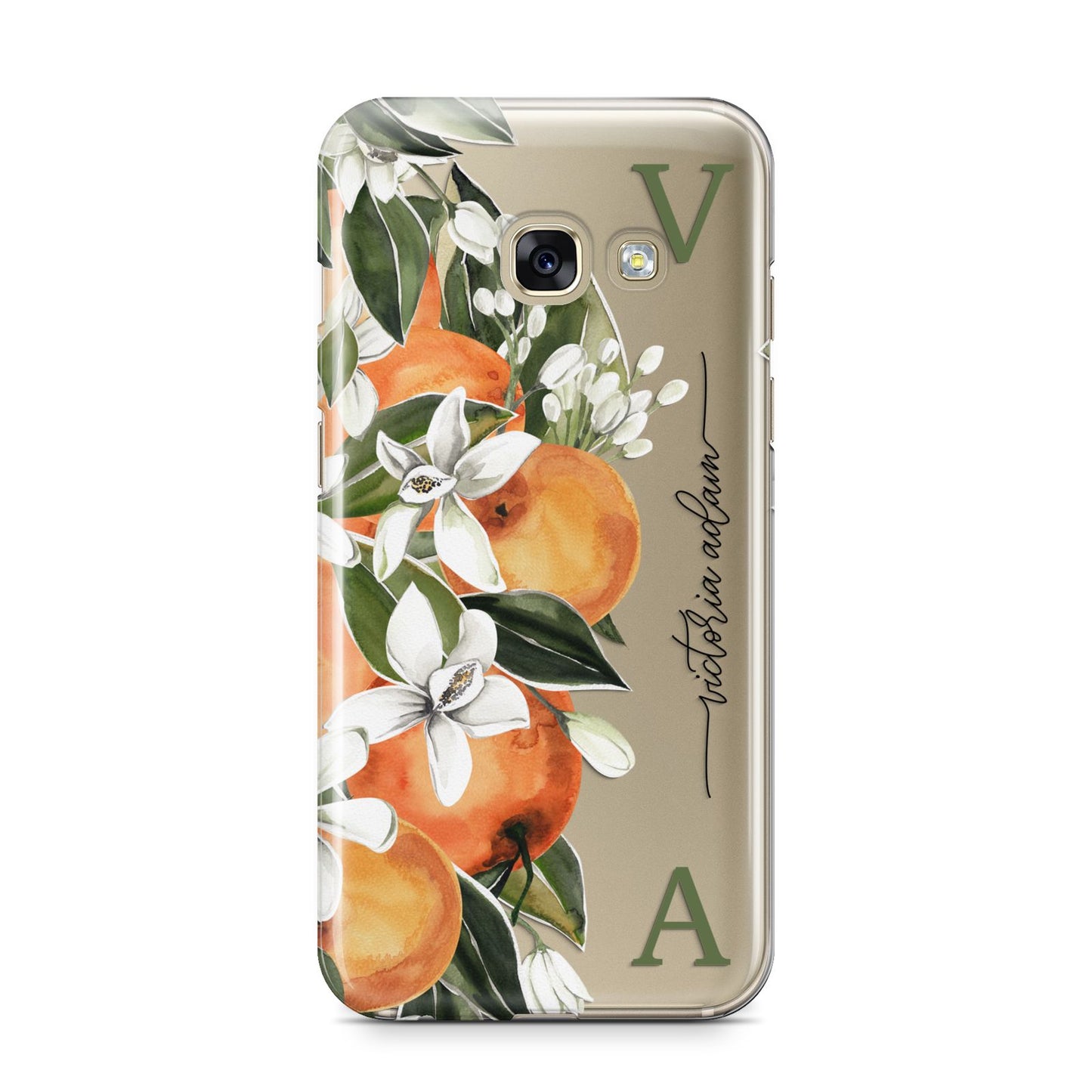 Monogrammed Orange Tree Samsung Galaxy A3 2017 Case on gold phone