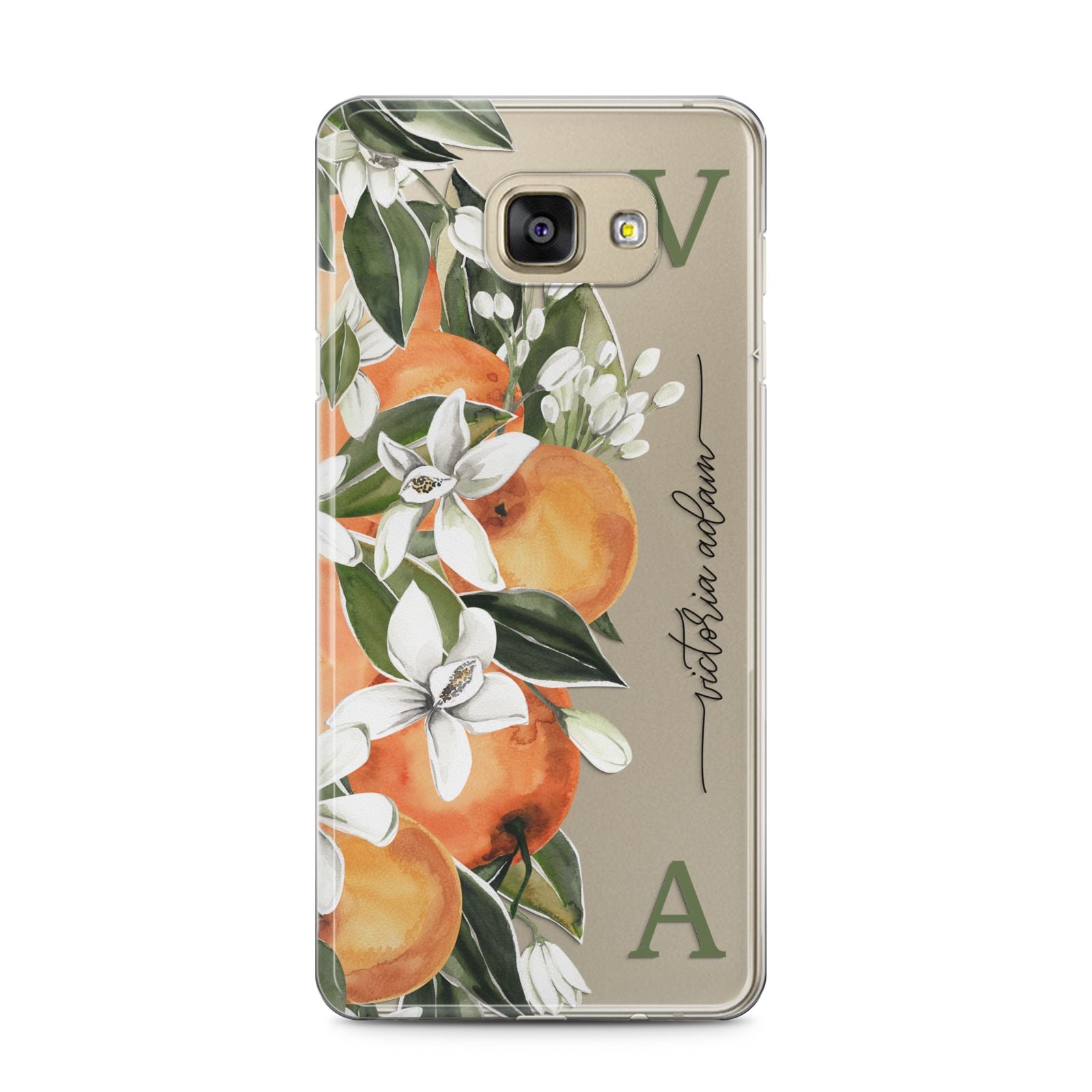 Monogrammed Orange Tree Samsung Galaxy A5 2016 Case on gold phone