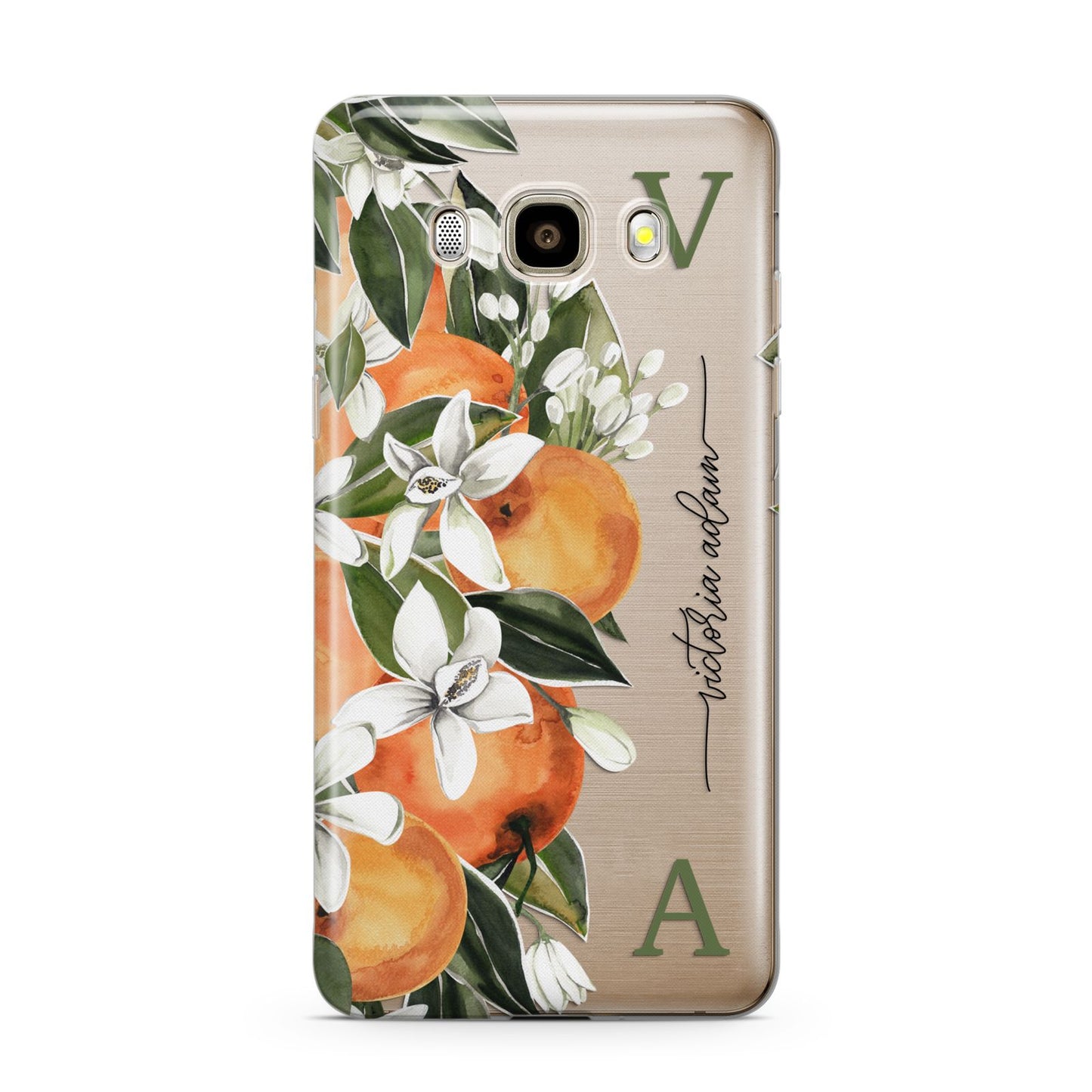 Monogrammed Orange Tree Samsung Galaxy J7 2016 Case on gold phone