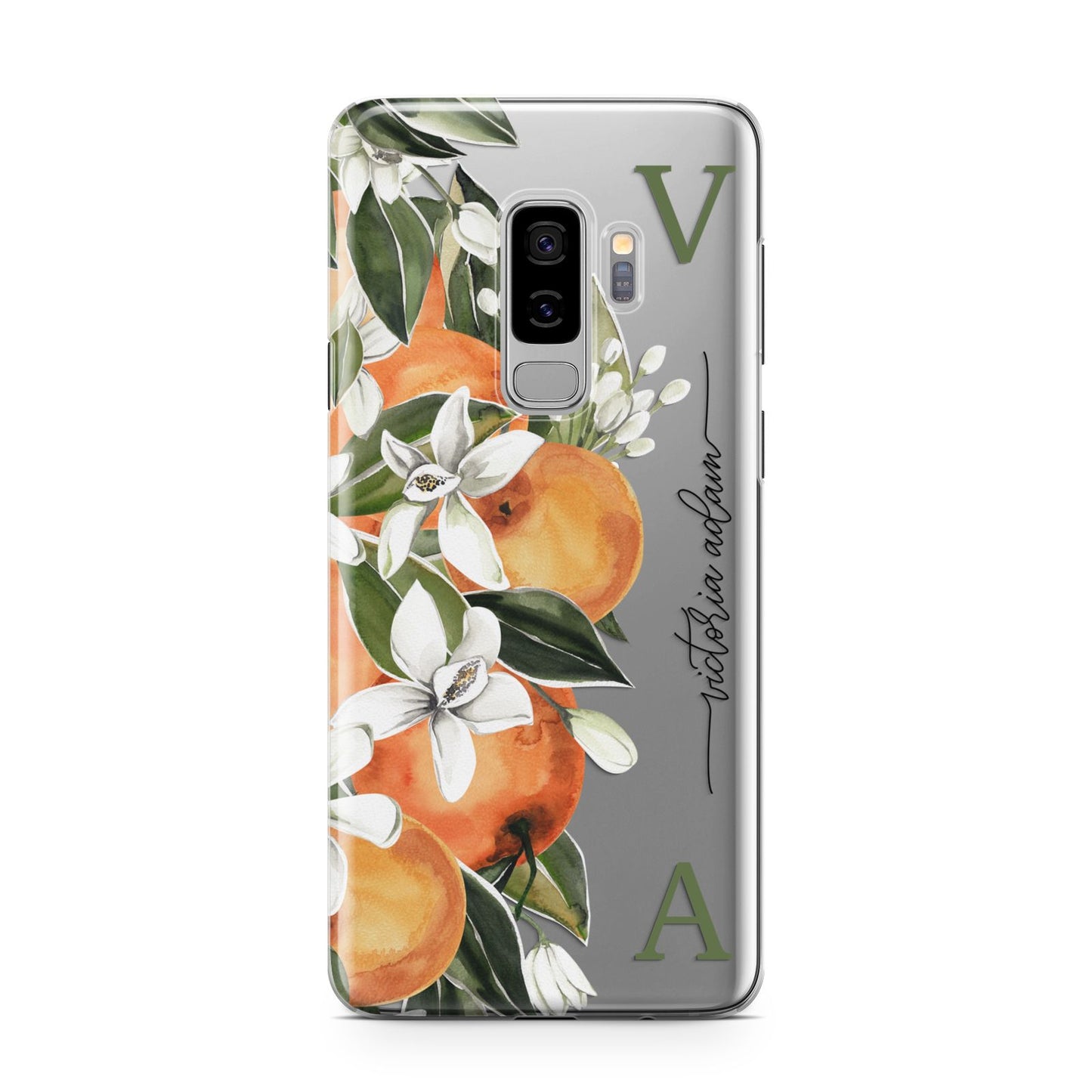 Monogrammed Orange Tree Samsung Galaxy S9 Plus Case on Silver phone