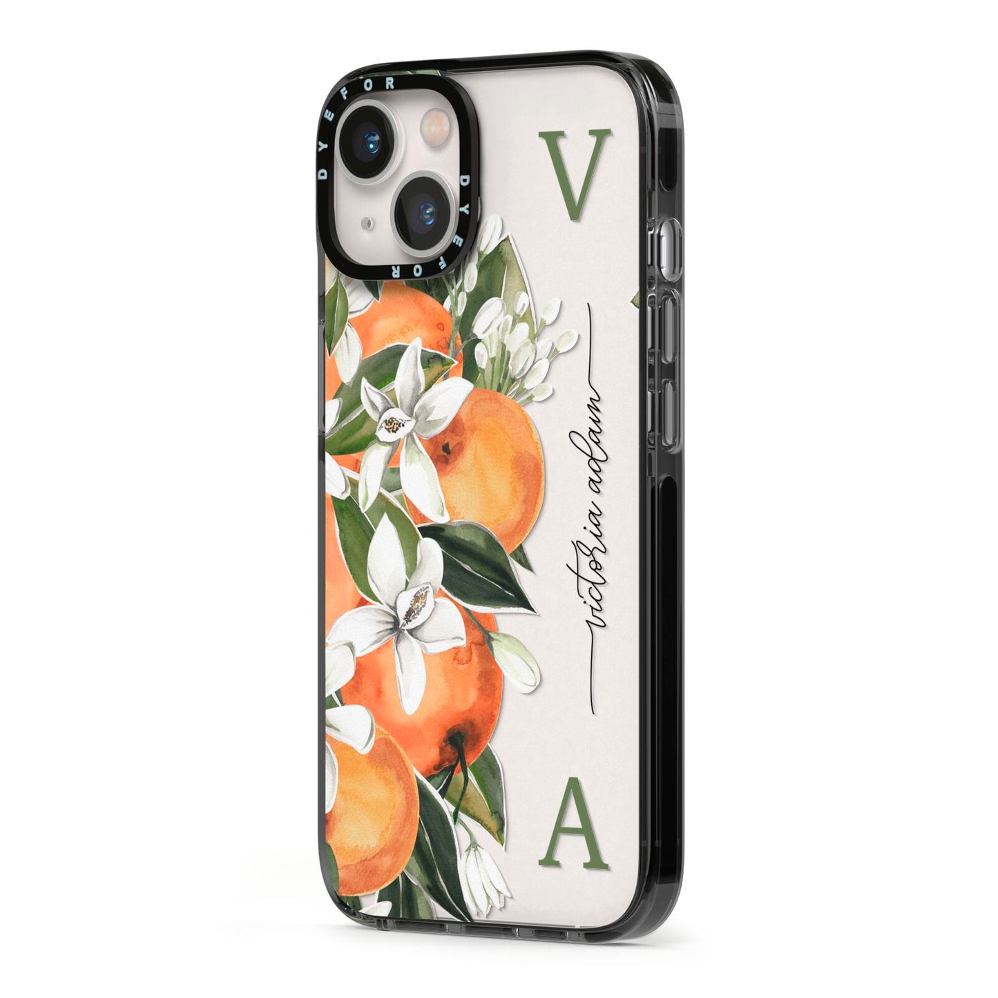 Monogrammed Orange Tree iPhone 13 Black Impact Case Side Angle on Silver phone