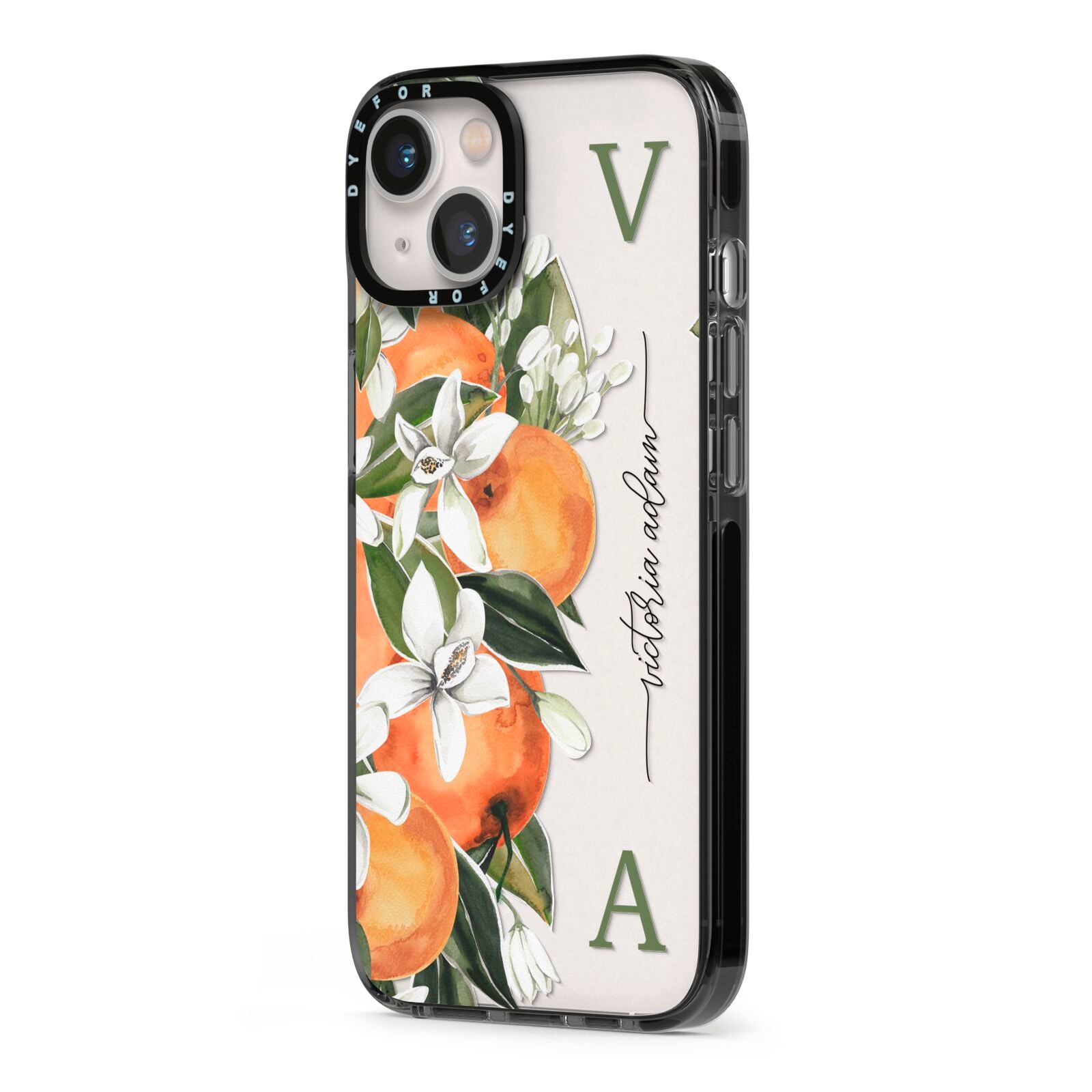 Monogrammed Orange Tree iPhone 13 Black Impact Case Side Angle on Silver phone