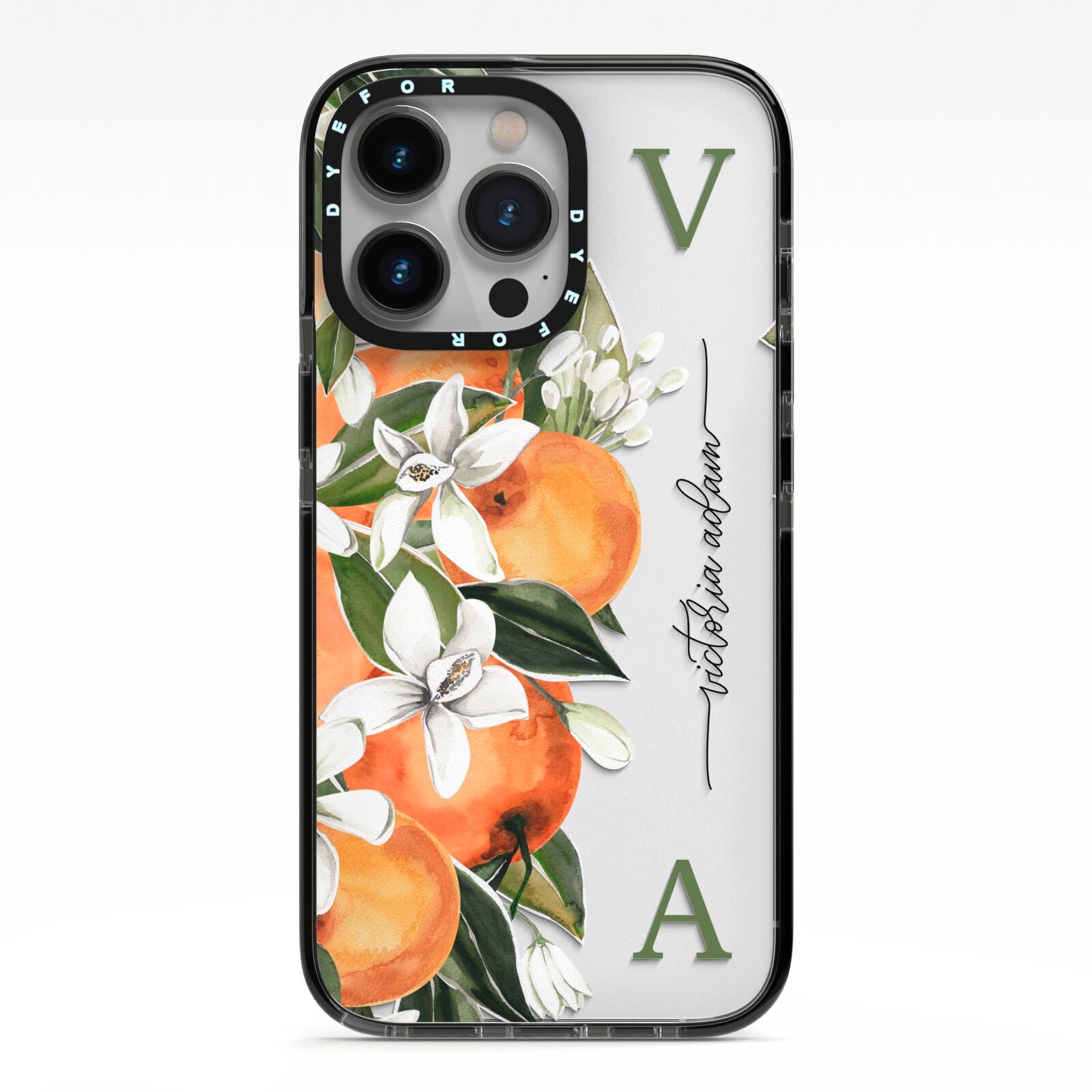 Monogrammed Orange Tree iPhone 13 Pro Black Impact Case on Silver phone