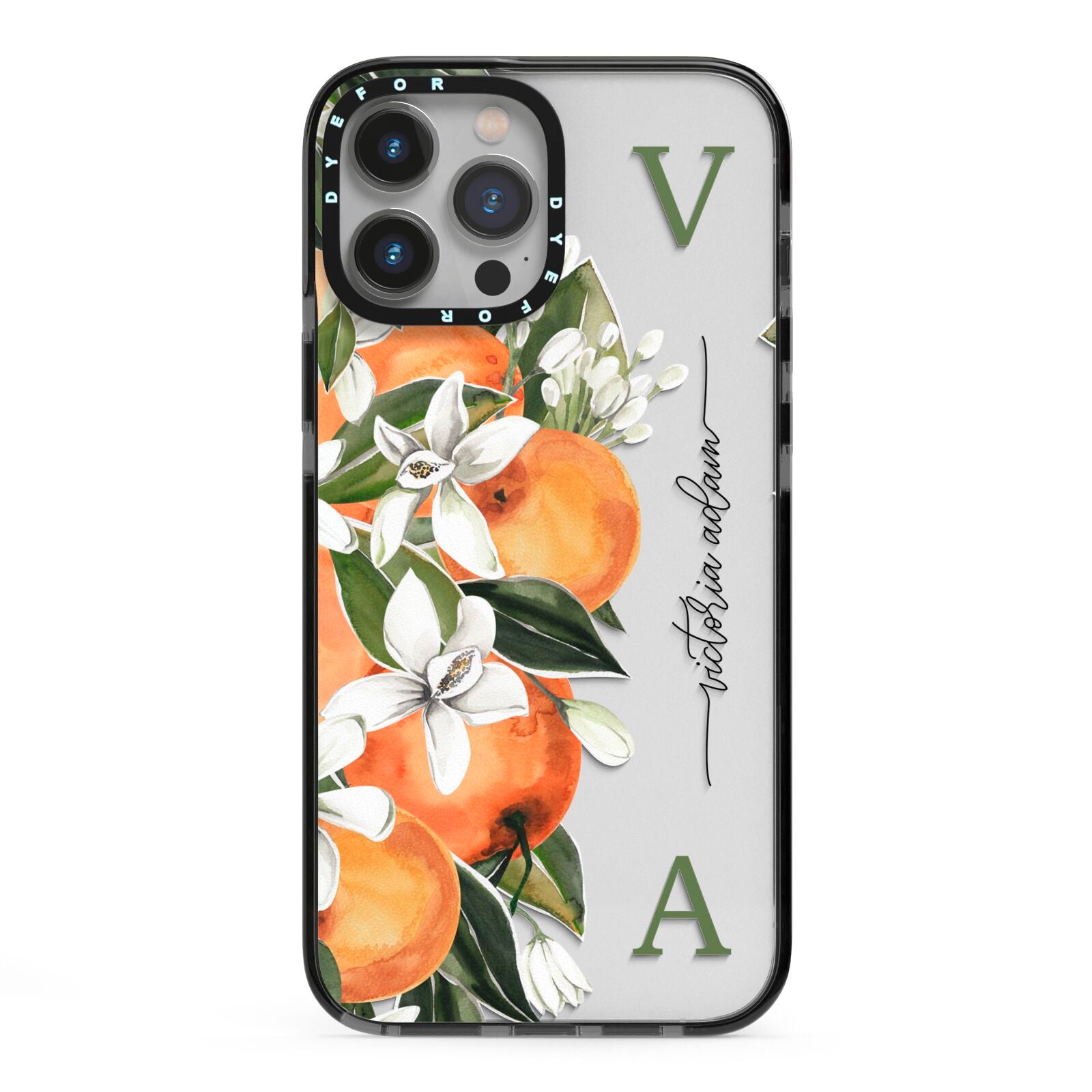 Monogrammed Orange Tree iPhone 13 Pro Max Black Impact Case on Silver phone