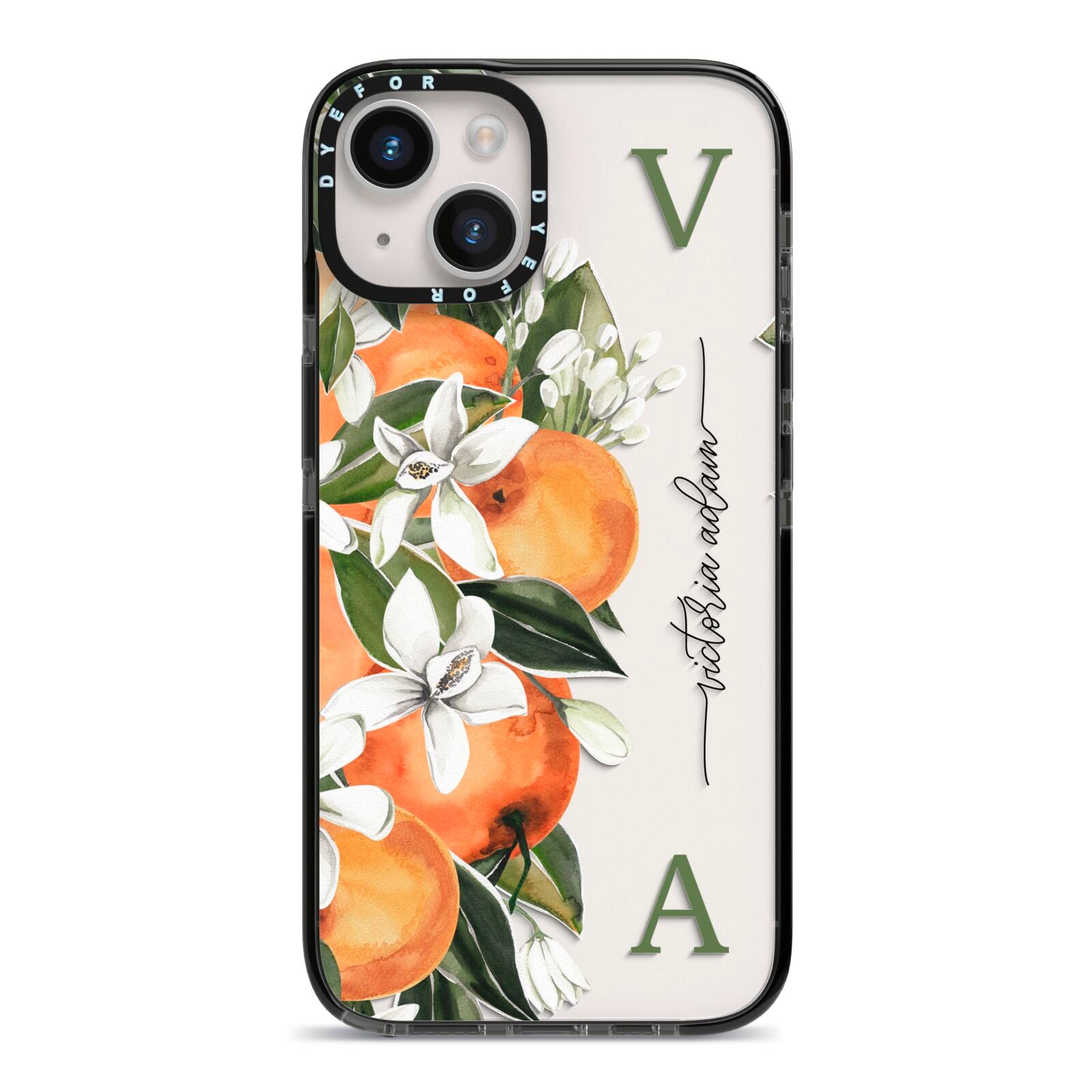 Monogrammed Orange Tree iPhone 14 Black Impact Case on Silver phone
