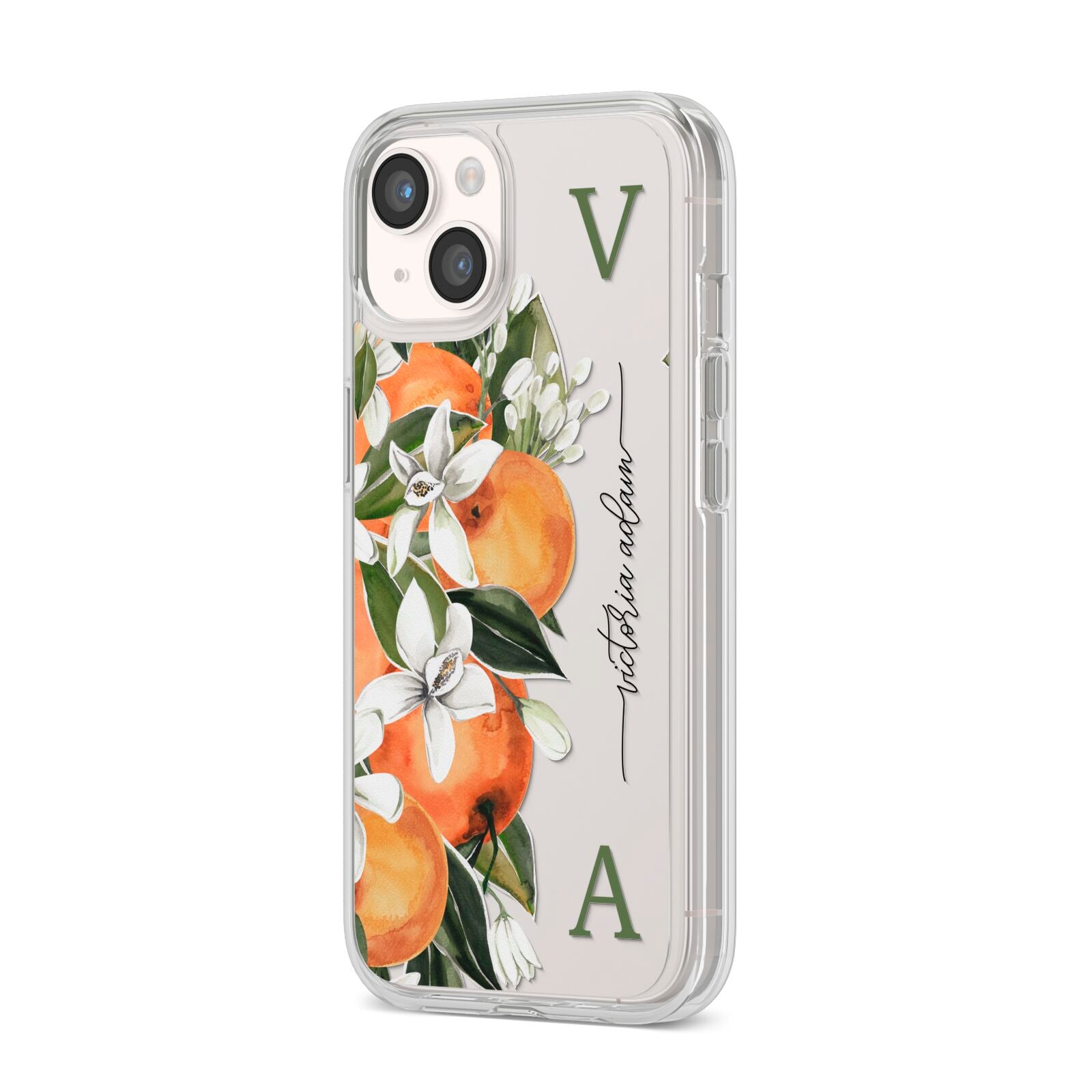 Monogrammed Orange Tree iPhone 14 Clear Tough Case Starlight Angled Image