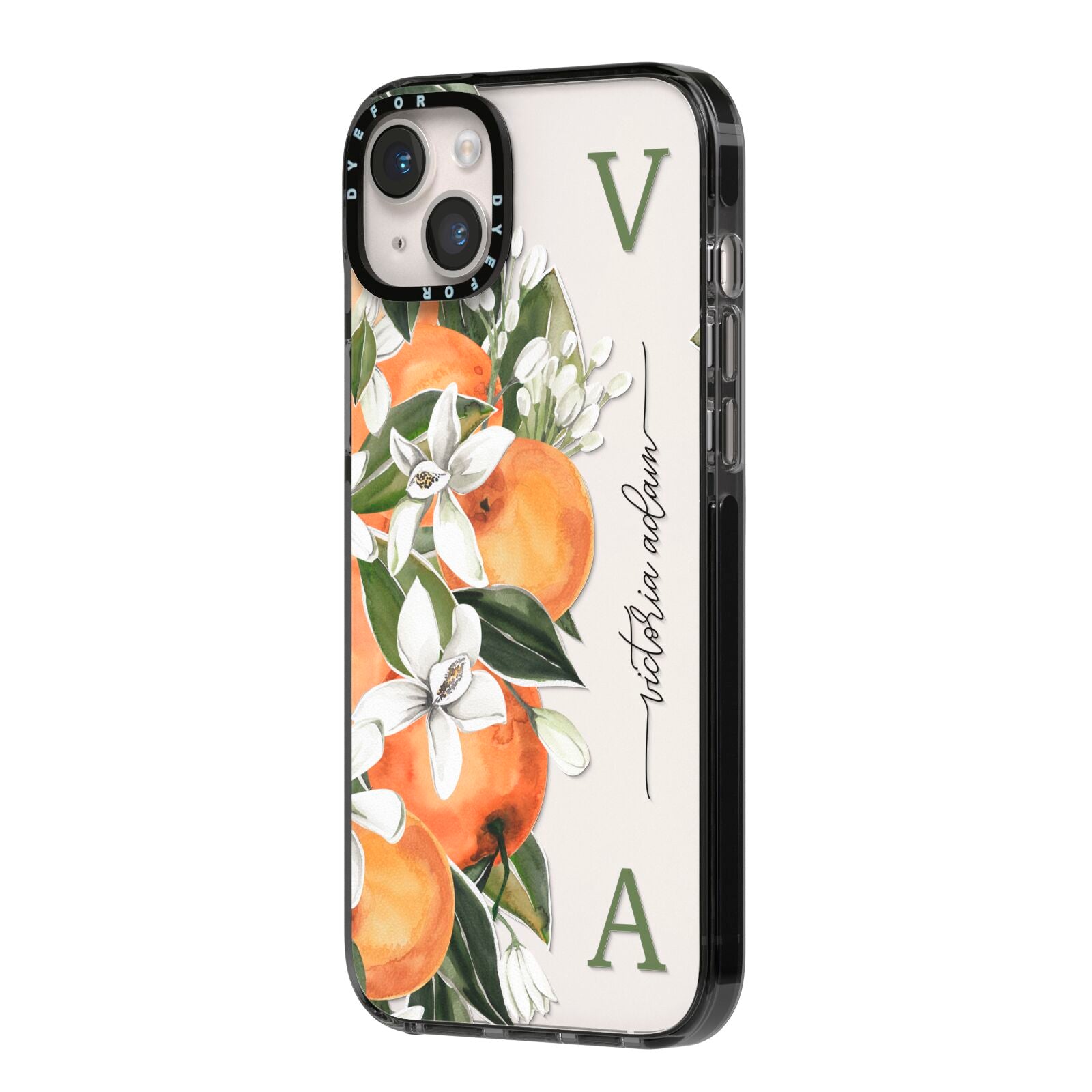 Monogrammed Orange Tree iPhone 14 Plus Black Impact Case Side Angle on Silver phone
