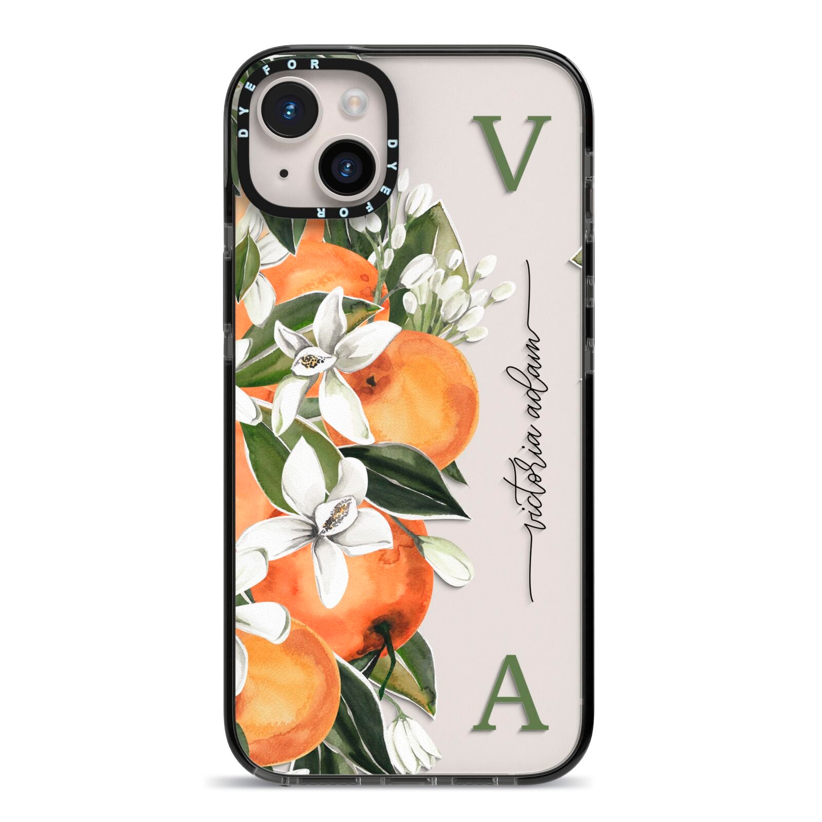 Monogrammed Orange Tree iPhone 14 Plus Black Impact Case on Silver phone