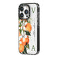 Monogrammed Orange Tree iPhone 14 Pro Black Impact Case Side Angle on Silver phone