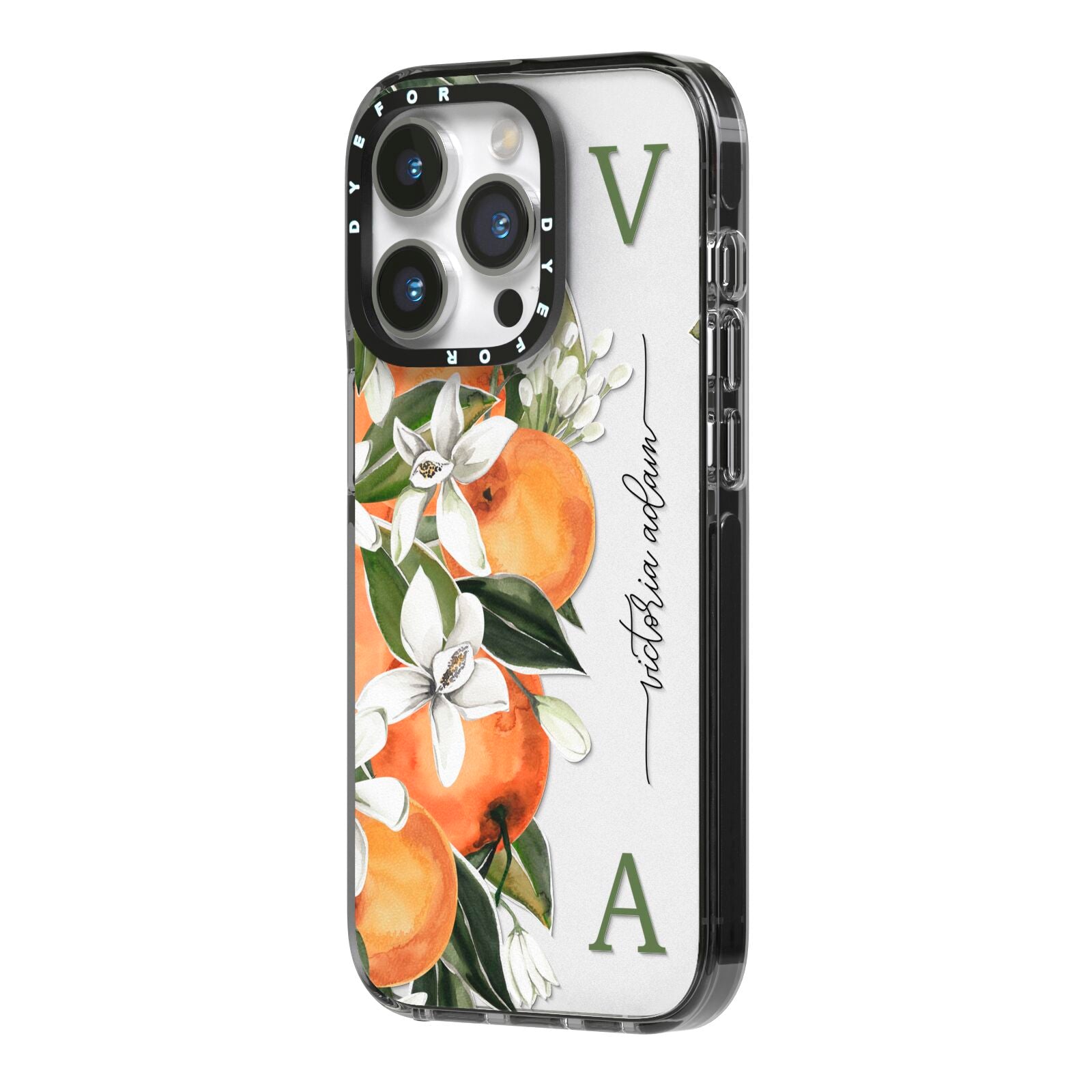 Monogrammed Orange Tree iPhone 14 Pro Black Impact Case Side Angle on Silver phone