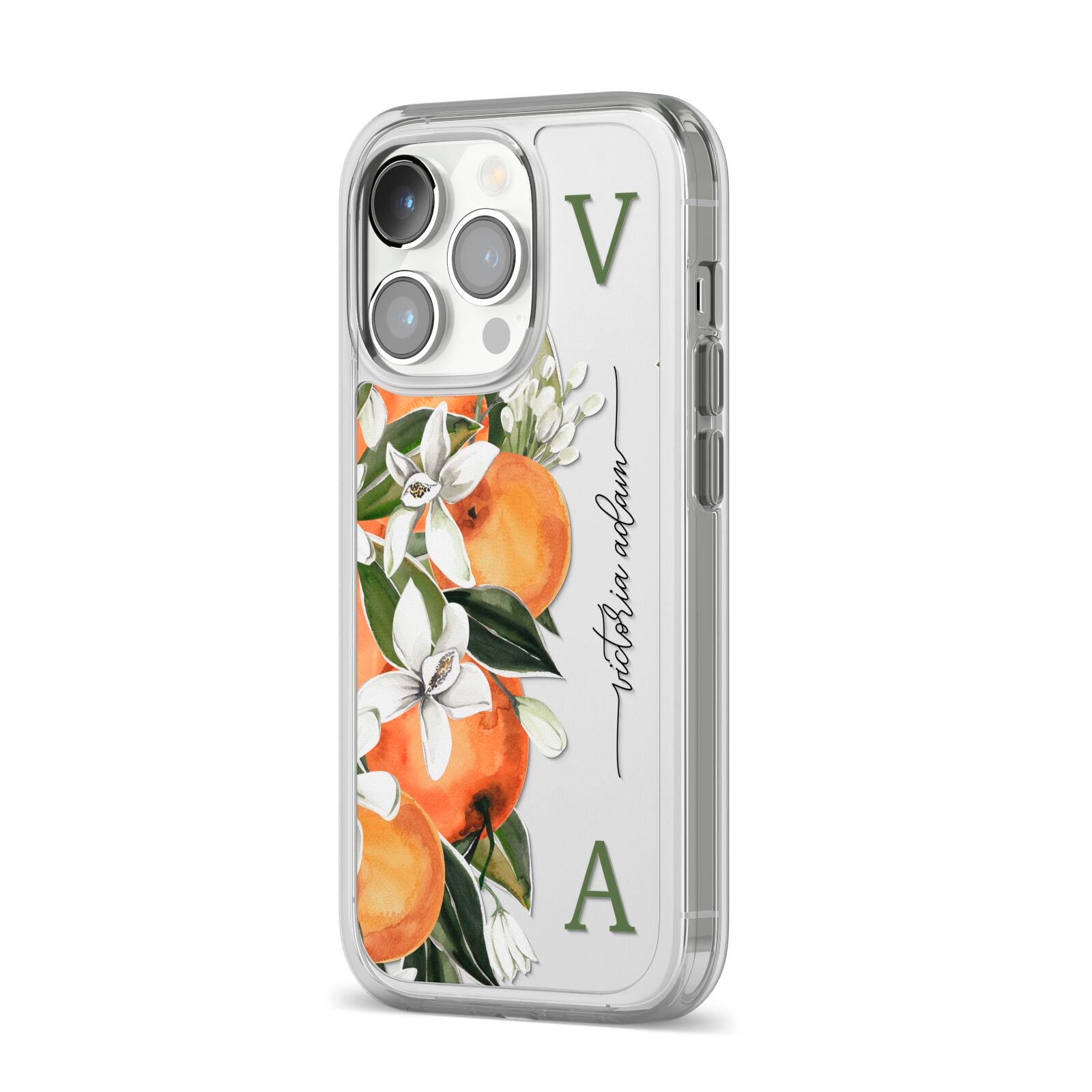 Monogrammed Orange Tree iPhone 14 Pro Clear Tough Case Silver Angled Image