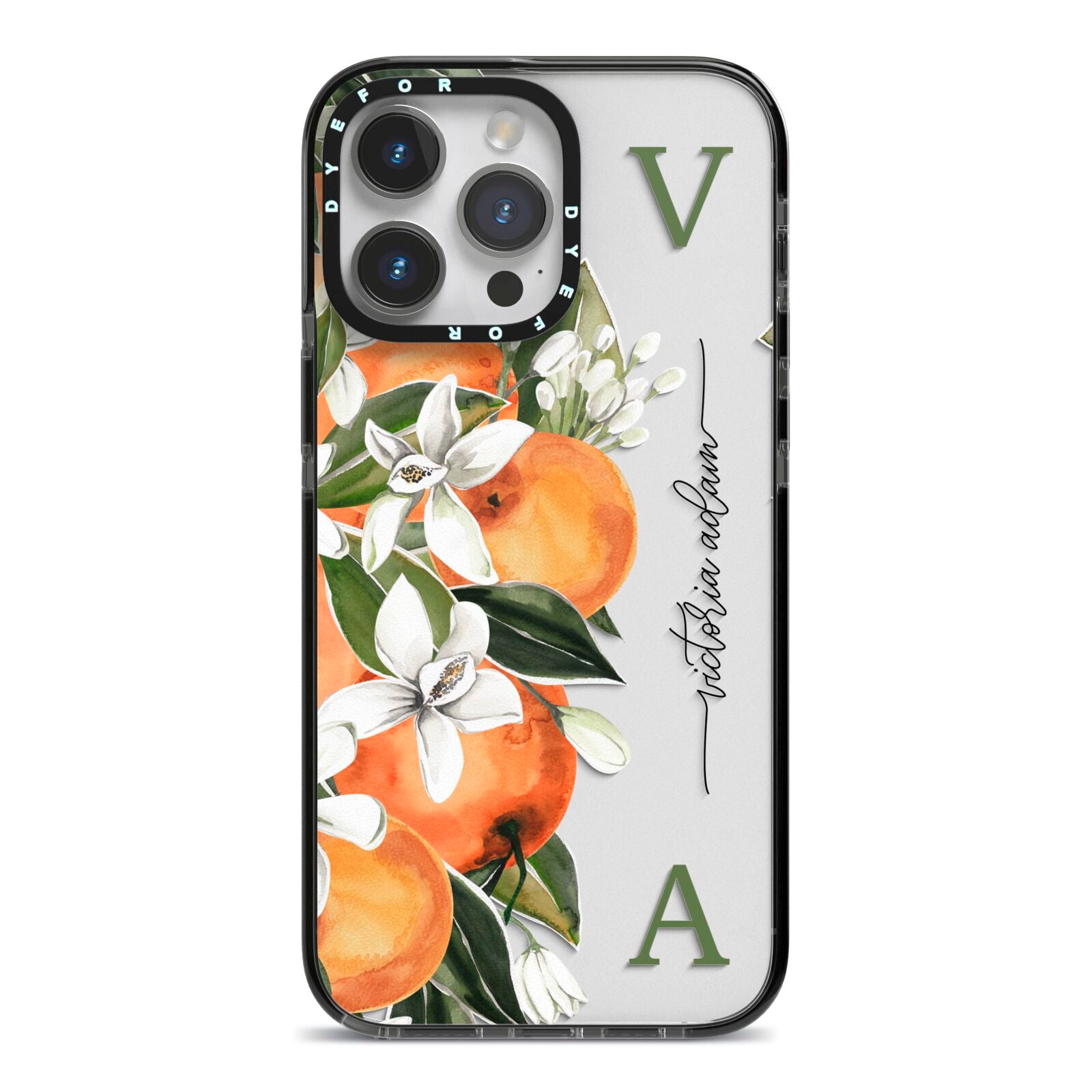 Monogrammed Orange Tree iPhone 14 Pro Max Black Impact Case on Silver phone
