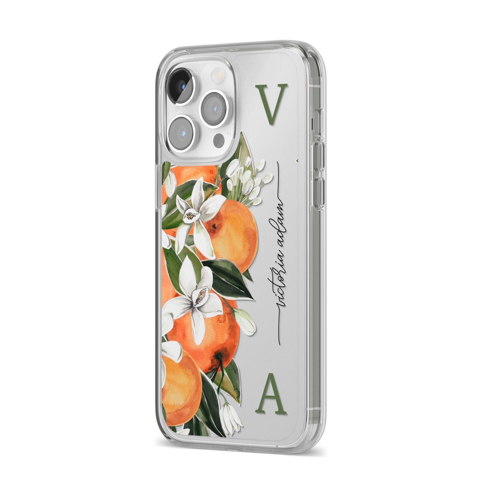 Monogrammed Orange Tree iPhone 14 Pro Max Clear Tough Case Silver Angled Image