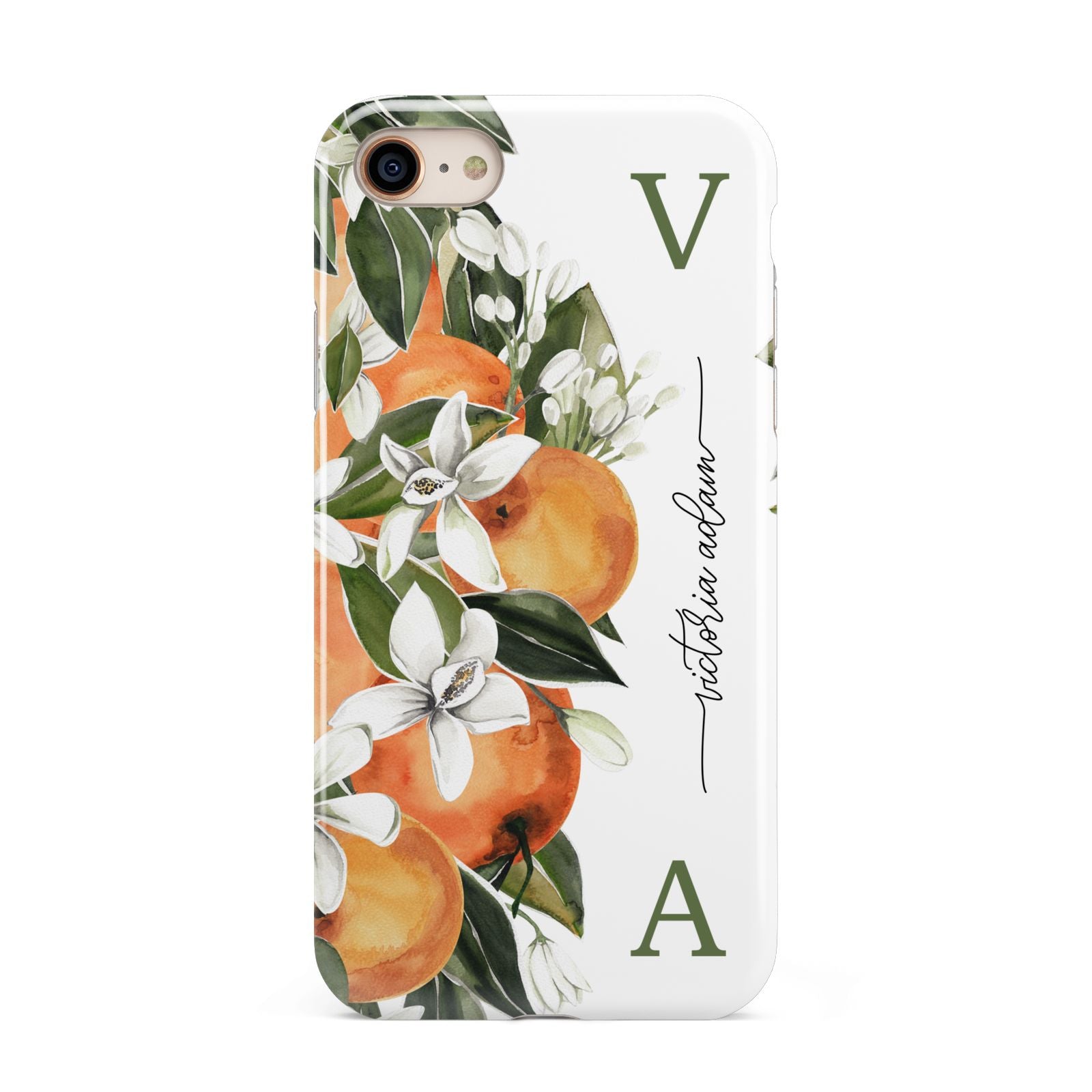 Monogrammed Orange Tree iPhone 8 3D Tough Case on Gold Phone