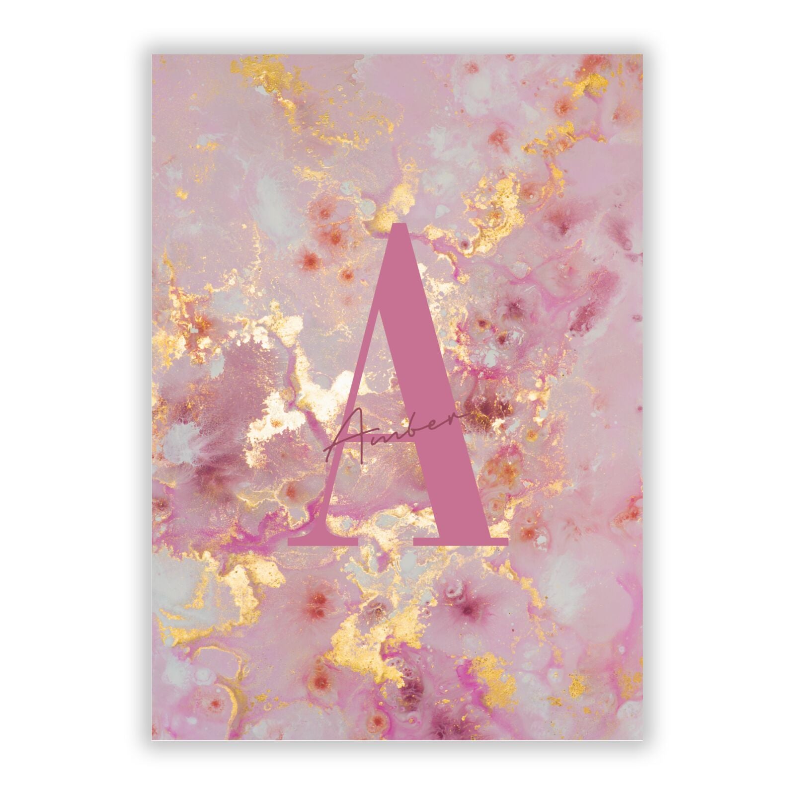 Monogrammed Pink Gold Marble A5 Flat Greetings Card