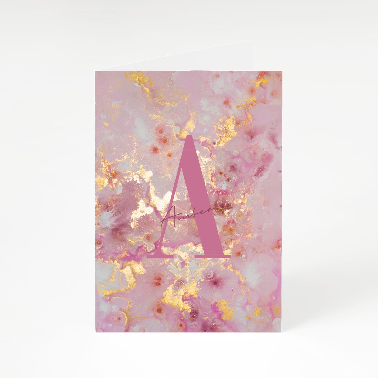 Monogrammed Pink Gold Marble A5 Greetings Card