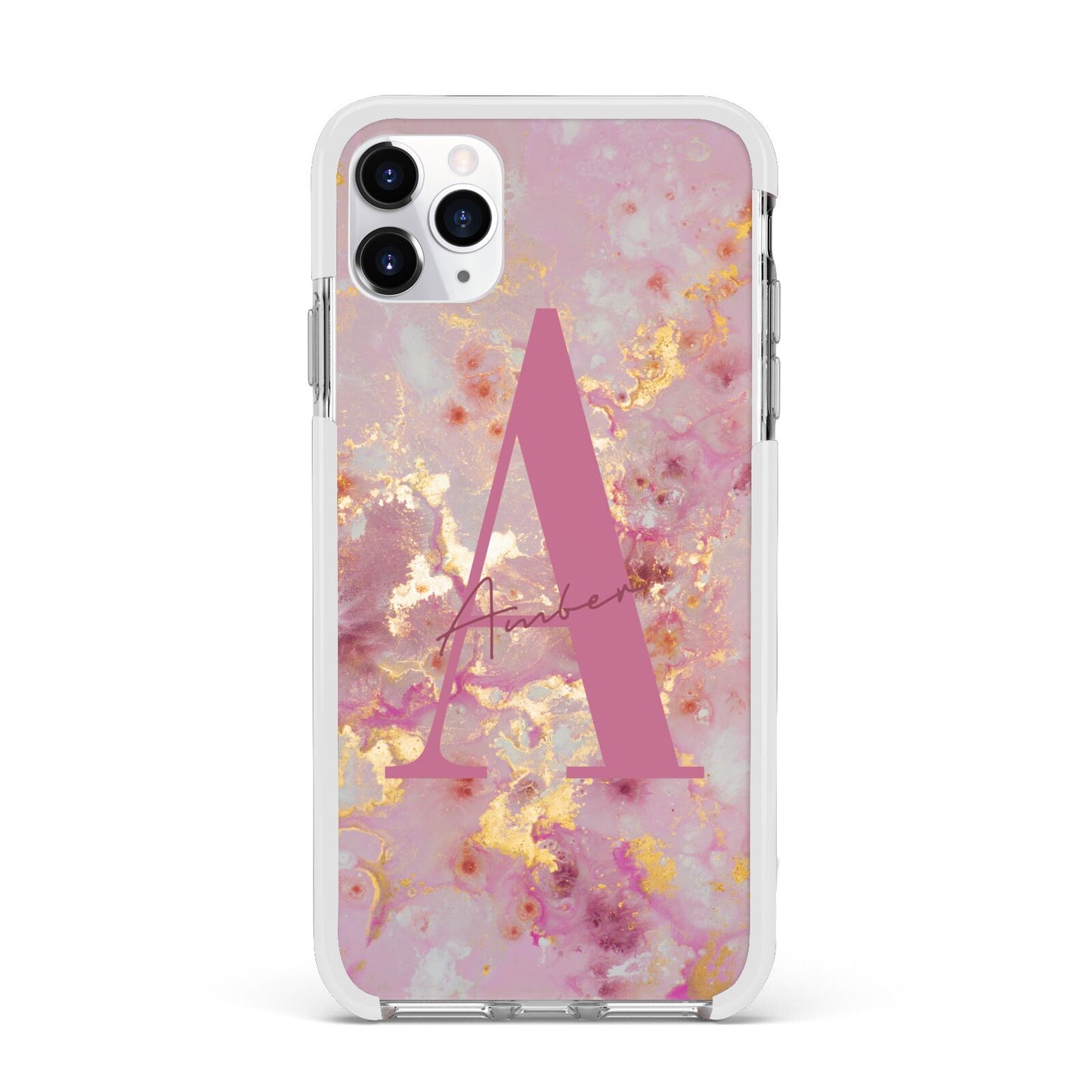 Monogrammed Pink Gold Marble Apple iPhone 11 Pro Max in Silver with White Impact Case