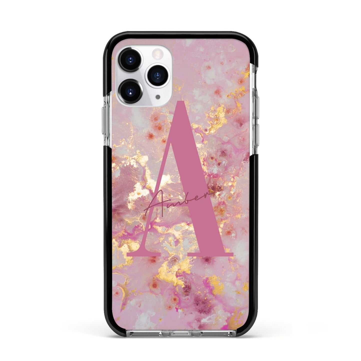 Monogrammed Pink Gold Marble Apple iPhone 11 Pro in Silver with Black Impact Case