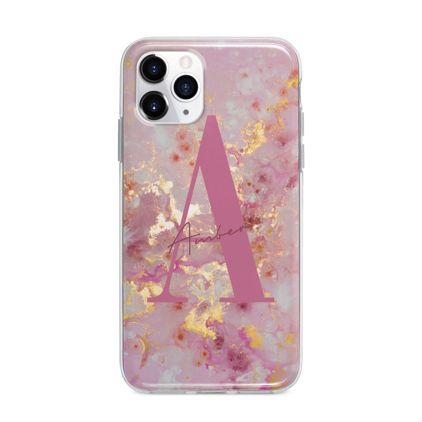 Monogrammed Pink Gold Marble Apple iPhone 11 Pro in Silver with Bumper Case