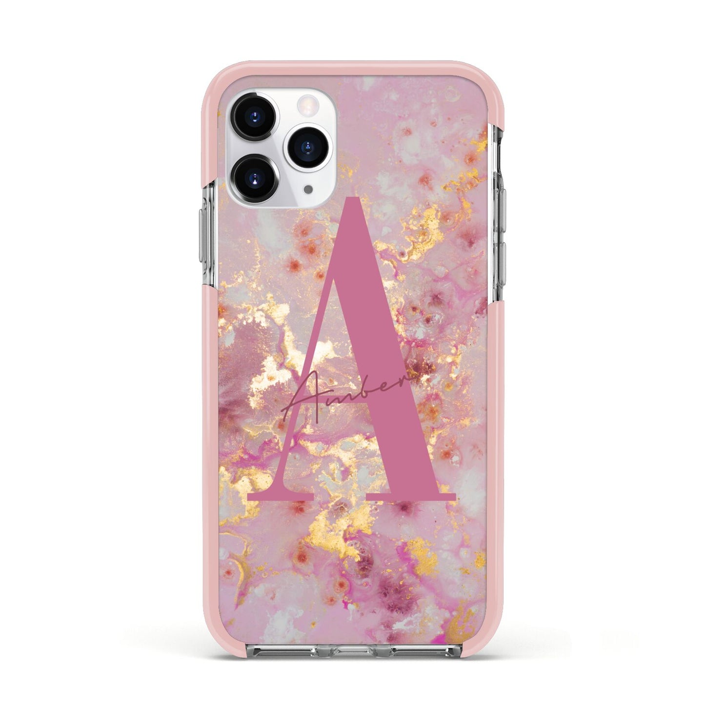 Monogrammed Pink Gold Marble Apple iPhone 11 Pro in Silver with Pink Impact Case