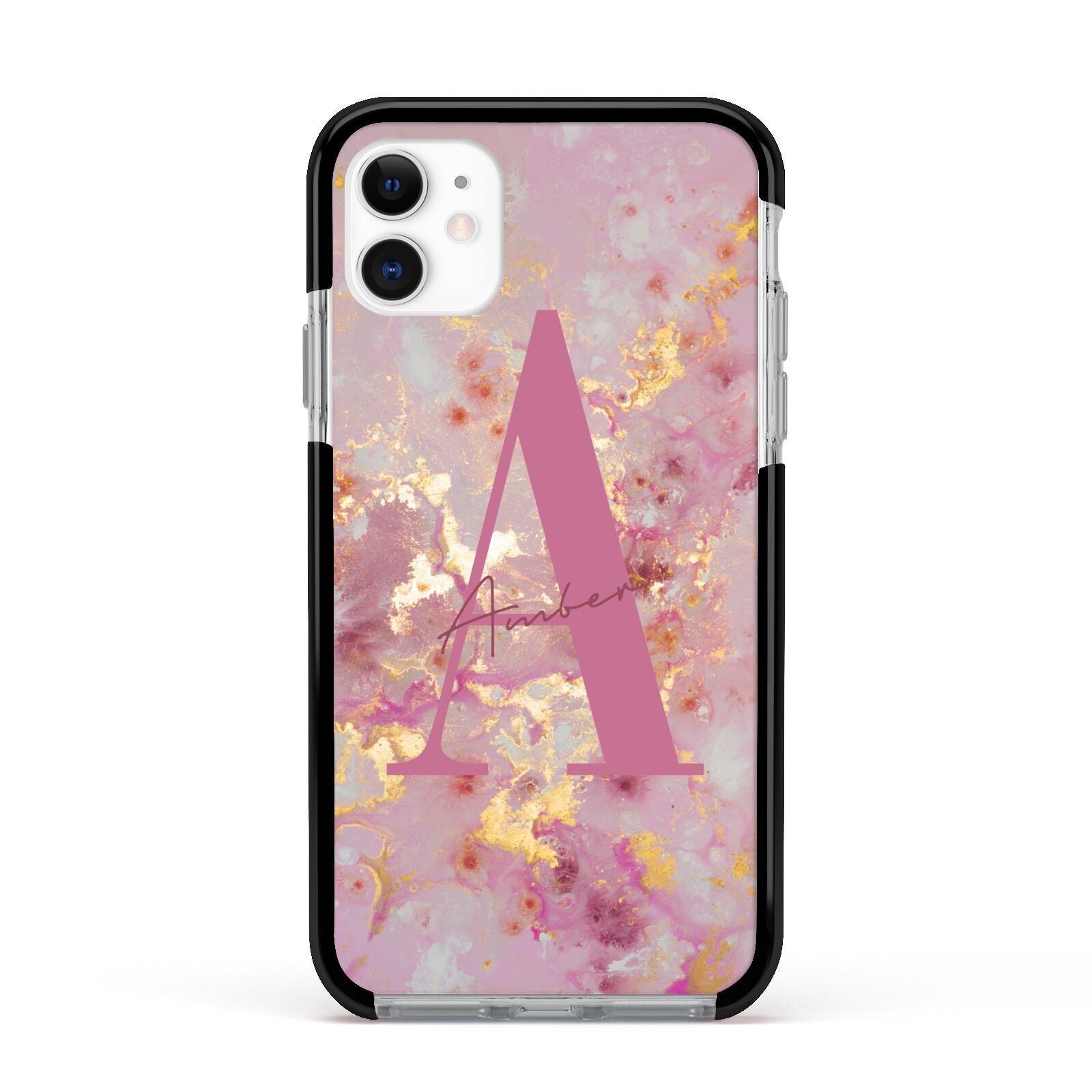 Monogrammed Pink Gold Marble Apple iPhone 11 in White with Black Impact Case