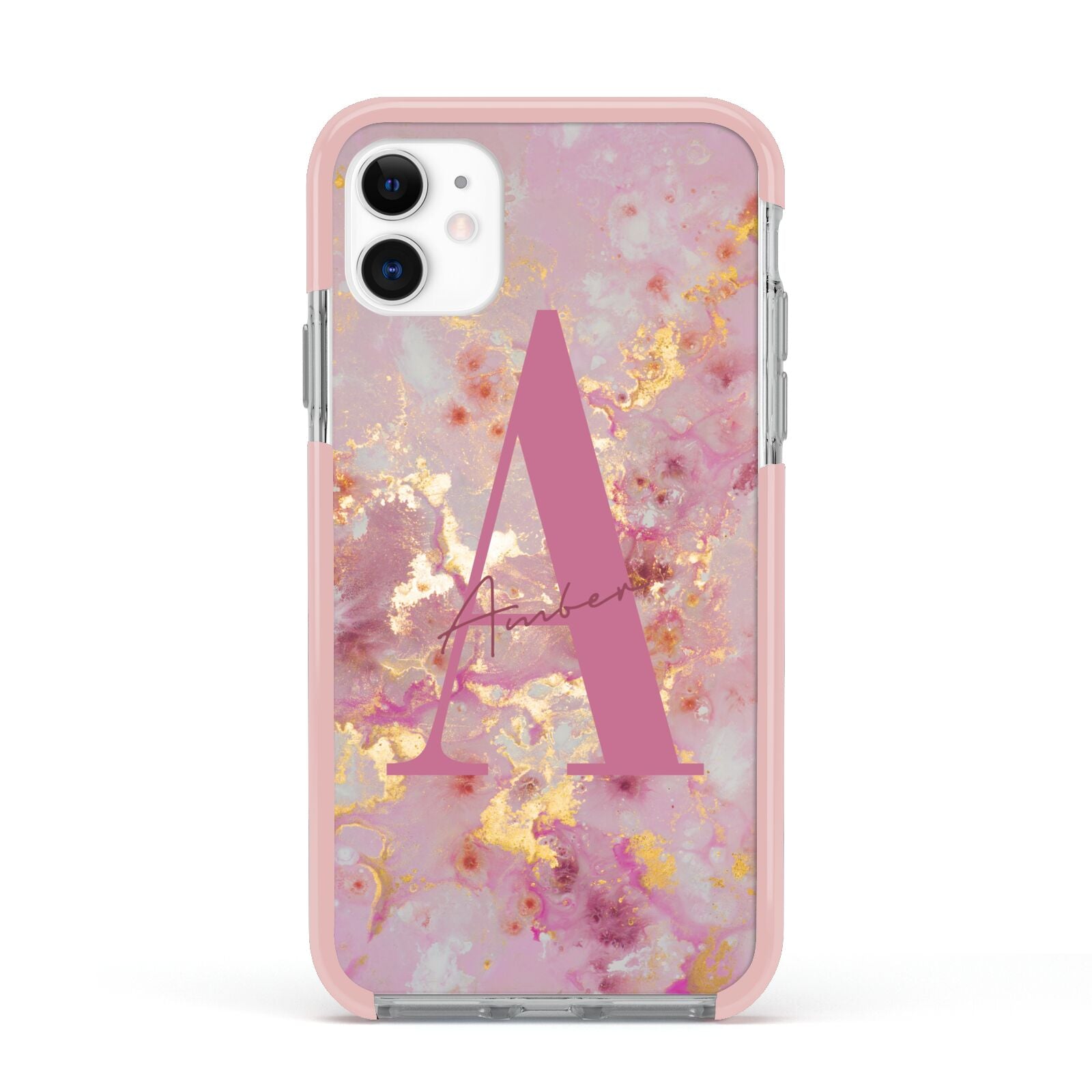 Monogrammed Pink Gold Marble Apple iPhone 11 in White with Pink Impact Case