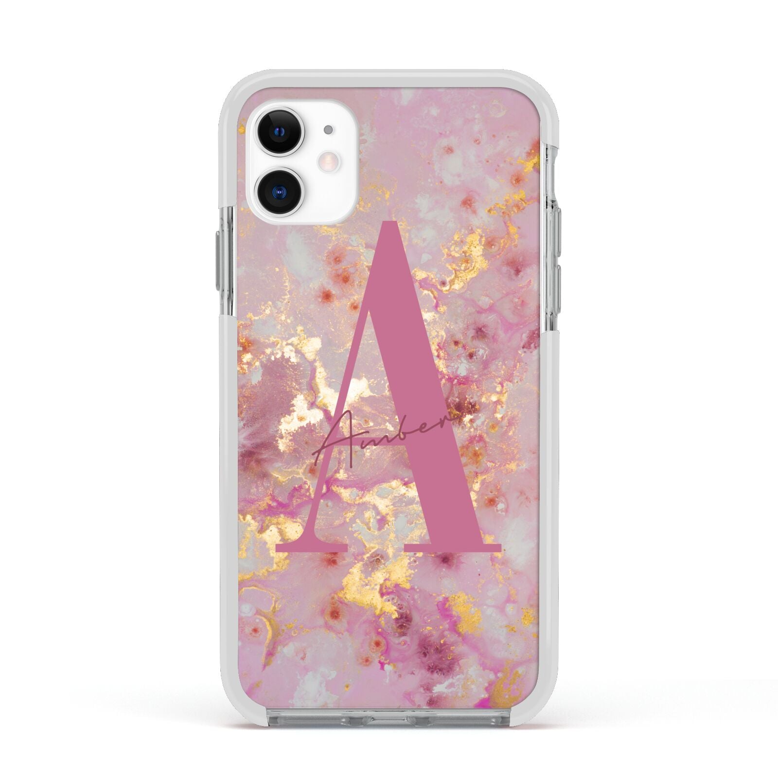 Monogrammed Pink Gold Marble Apple iPhone 11 in White with White Impact Case