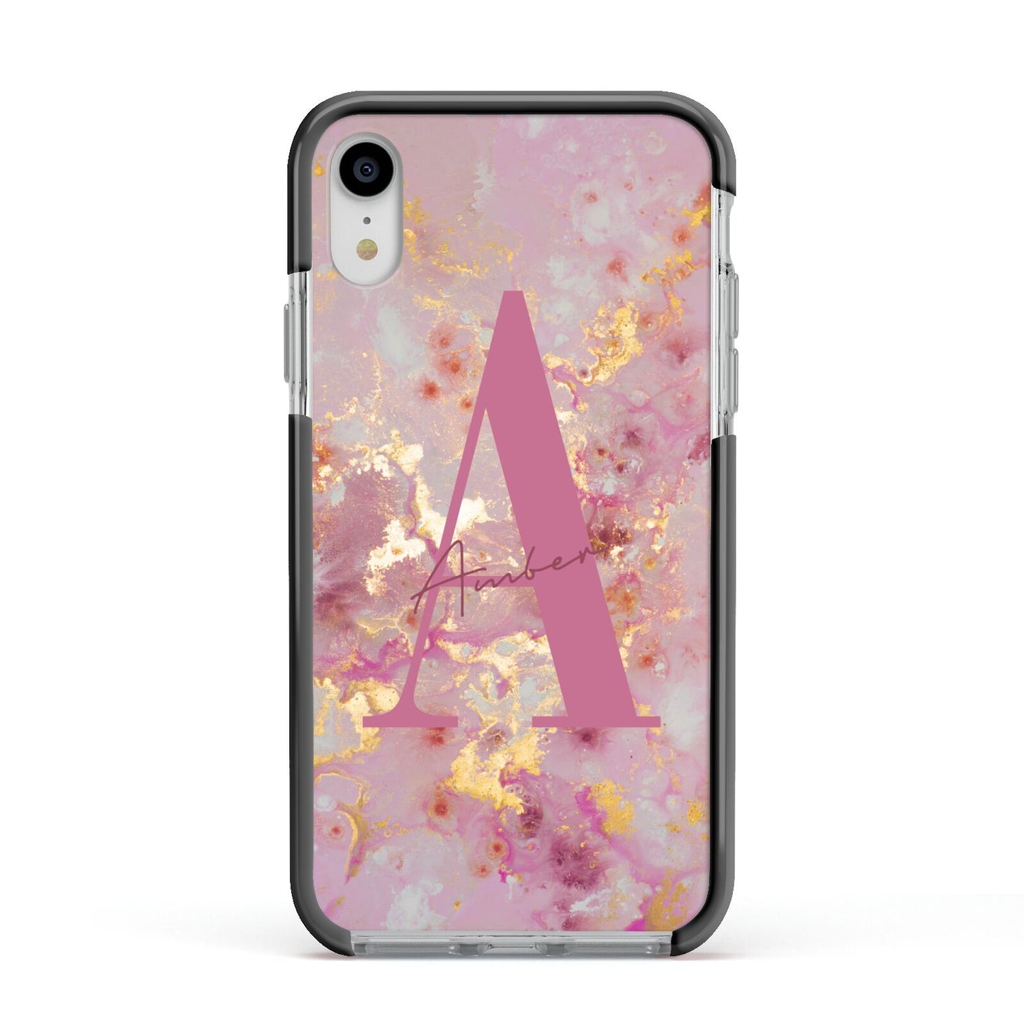 Monogrammed Pink Gold Marble Apple iPhone XR Impact Case Black Edge on Silver Phone