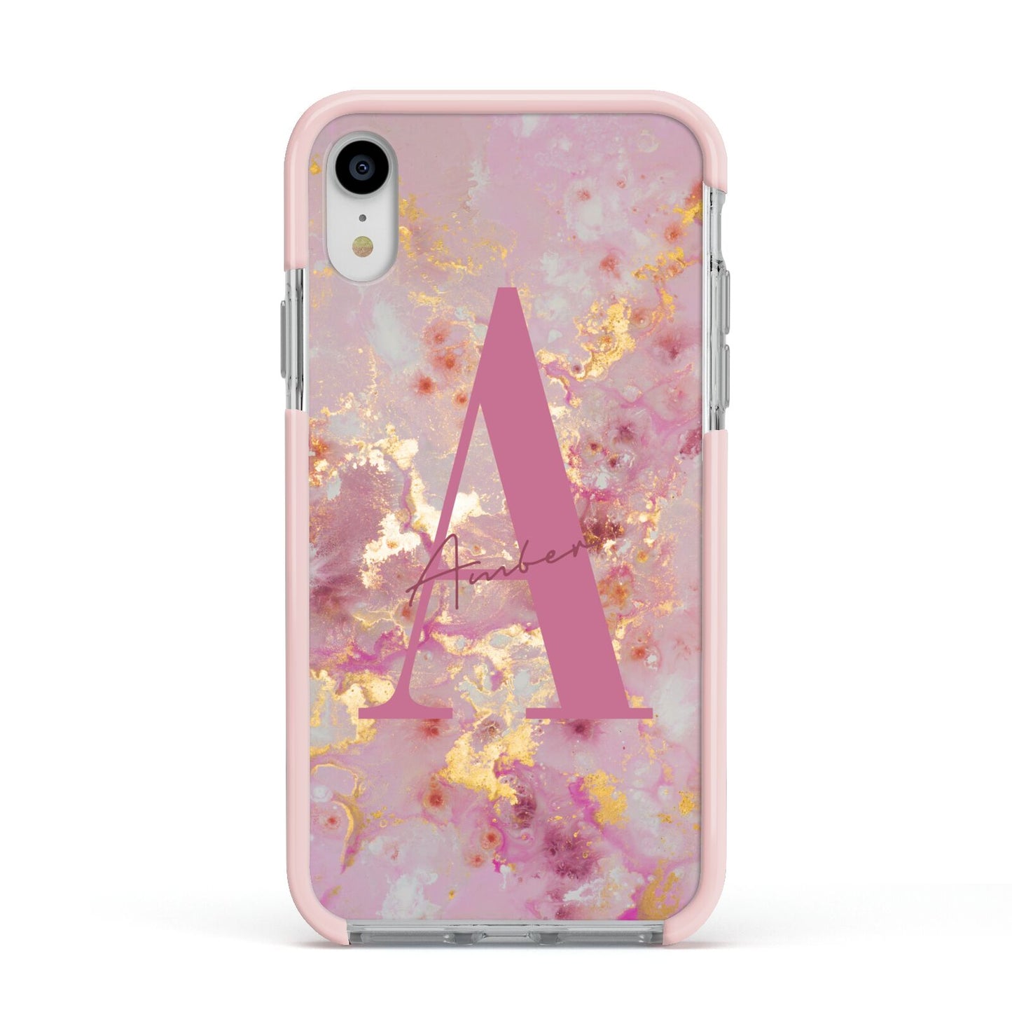 Monogrammed Pink Gold Marble Apple iPhone XR Impact Case Pink Edge on Silver Phone