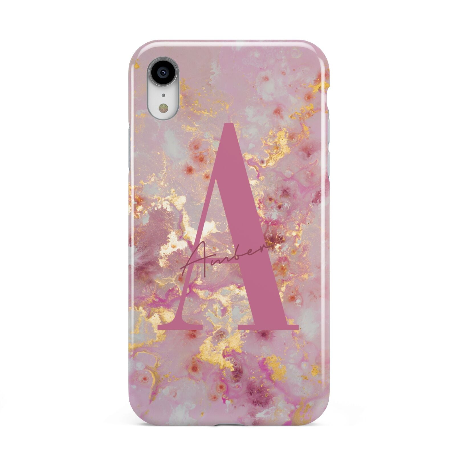 Monogrammed Pink Gold Marble Apple iPhone XR White 3D Tough Case