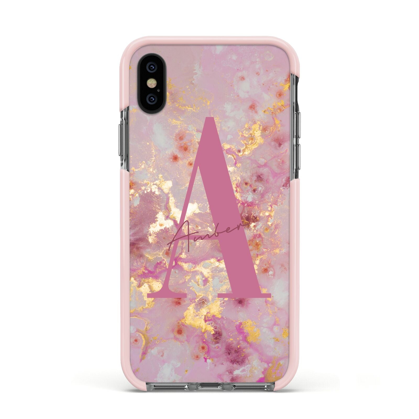 Monogrammed Pink Gold Marble Apple iPhone Xs Impact Case Pink Edge on Black Phone