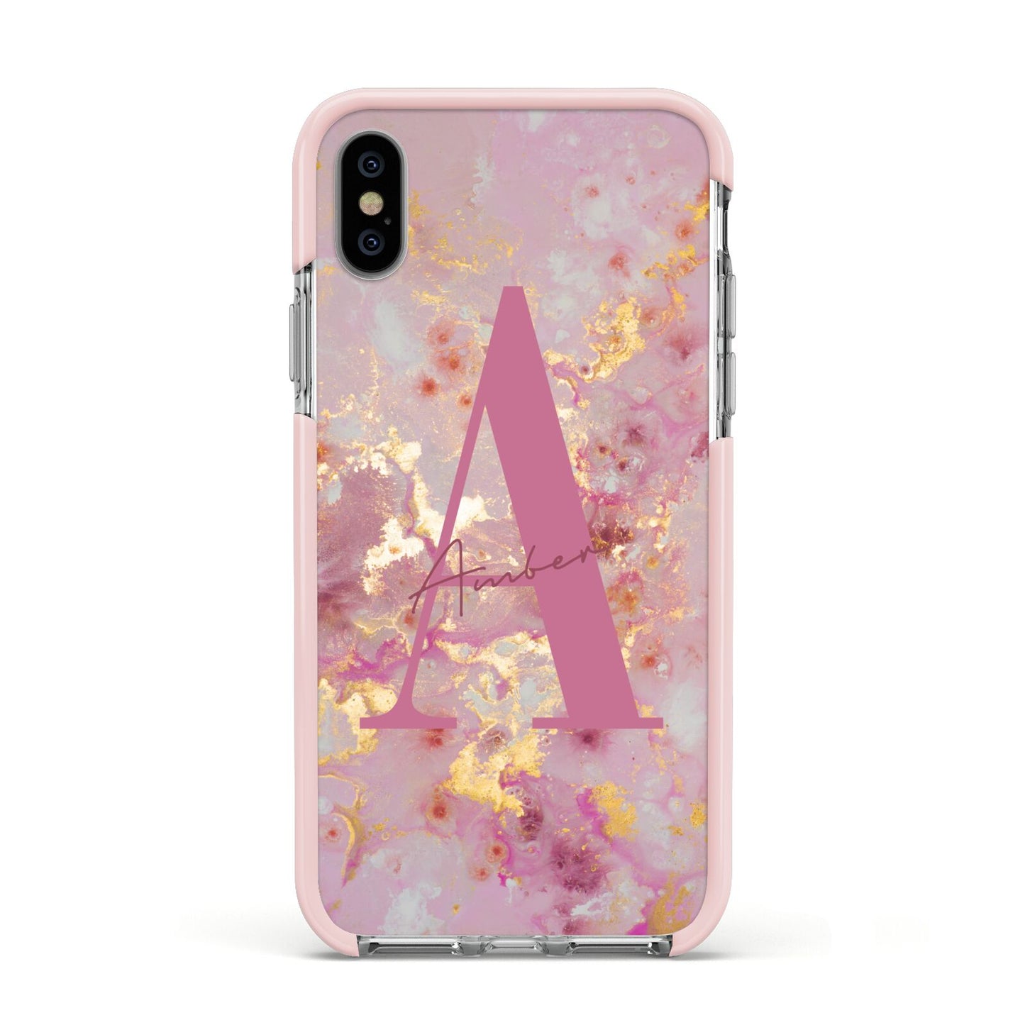 Monogrammed Pink Gold Marble Apple iPhone Xs Impact Case Pink Edge on Silver Phone
