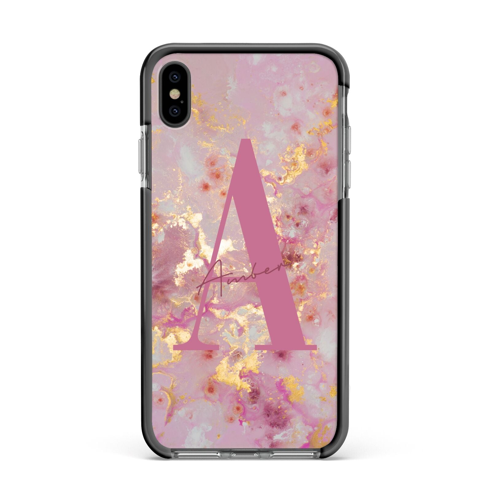 Monogrammed Pink Gold Marble Apple iPhone Xs Max Impact Case Black Edge on Black Phone