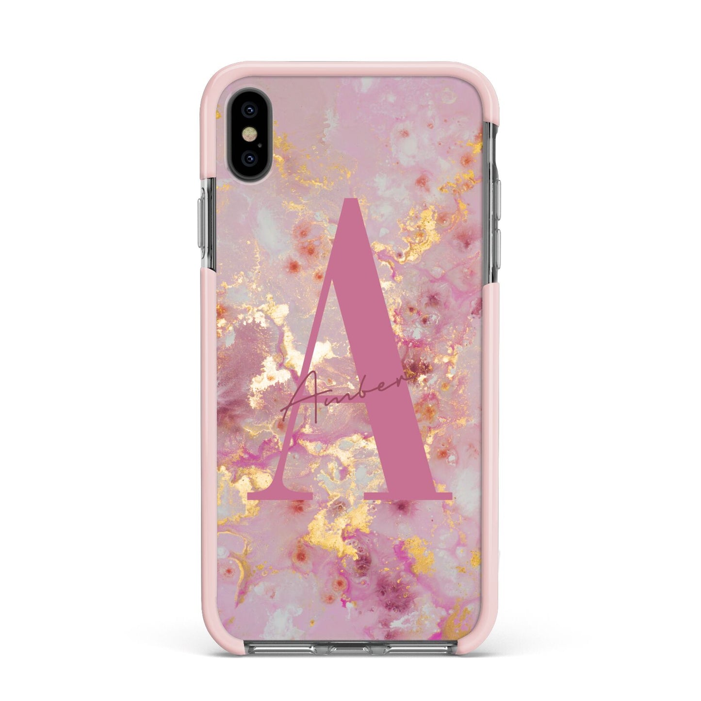 Monogrammed Pink Gold Marble Apple iPhone Xs Max Impact Case Pink Edge on Black Phone