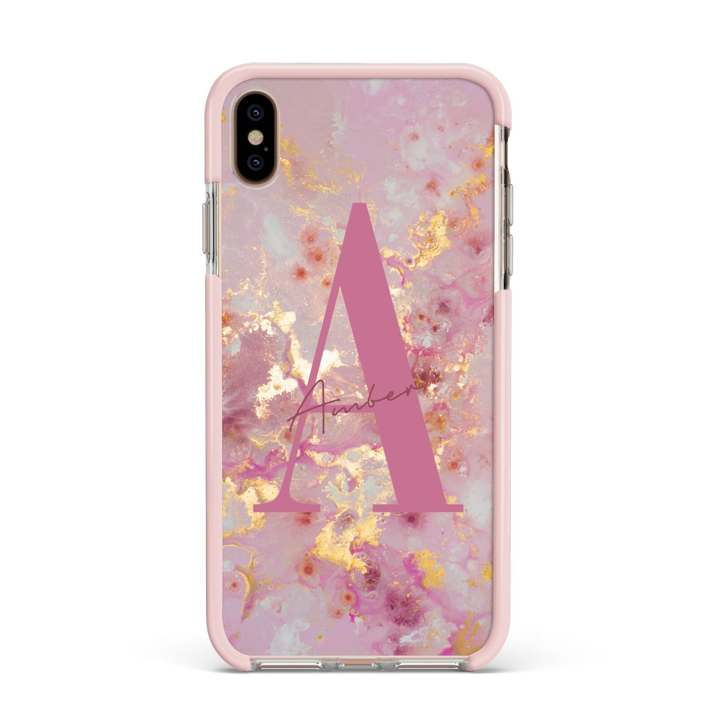 Monogrammed Pink Gold Marble Apple iPhone Xs Max Impact Case Pink Edge on Gold Phone