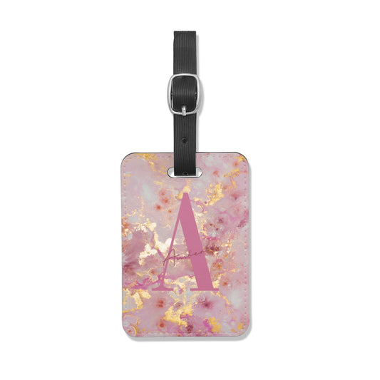 Monogrammed Pink Gold Marble Luggage Tag