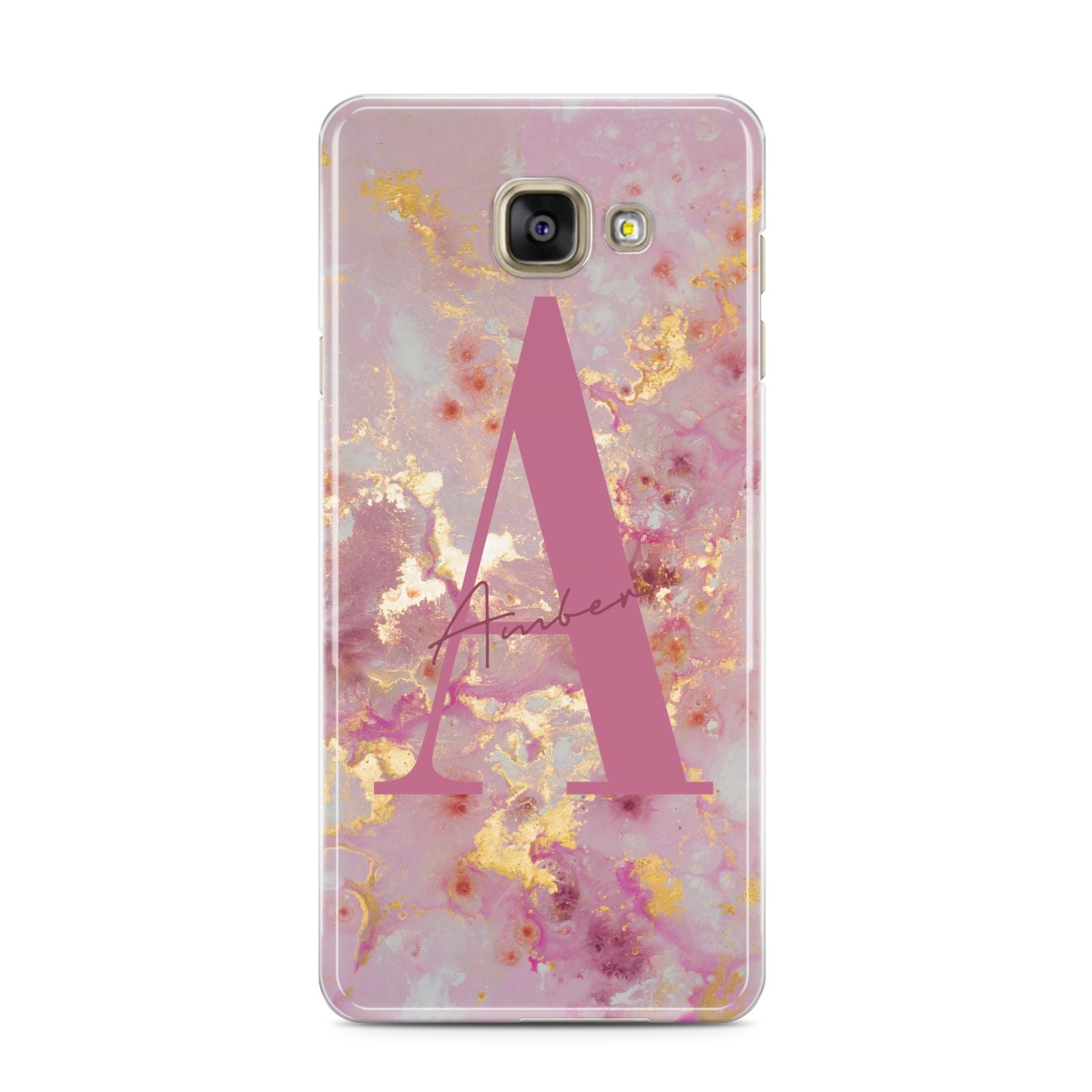 Monogrammed Pink Gold Marble Samsung Galaxy A3 2016 Case on gold phone
