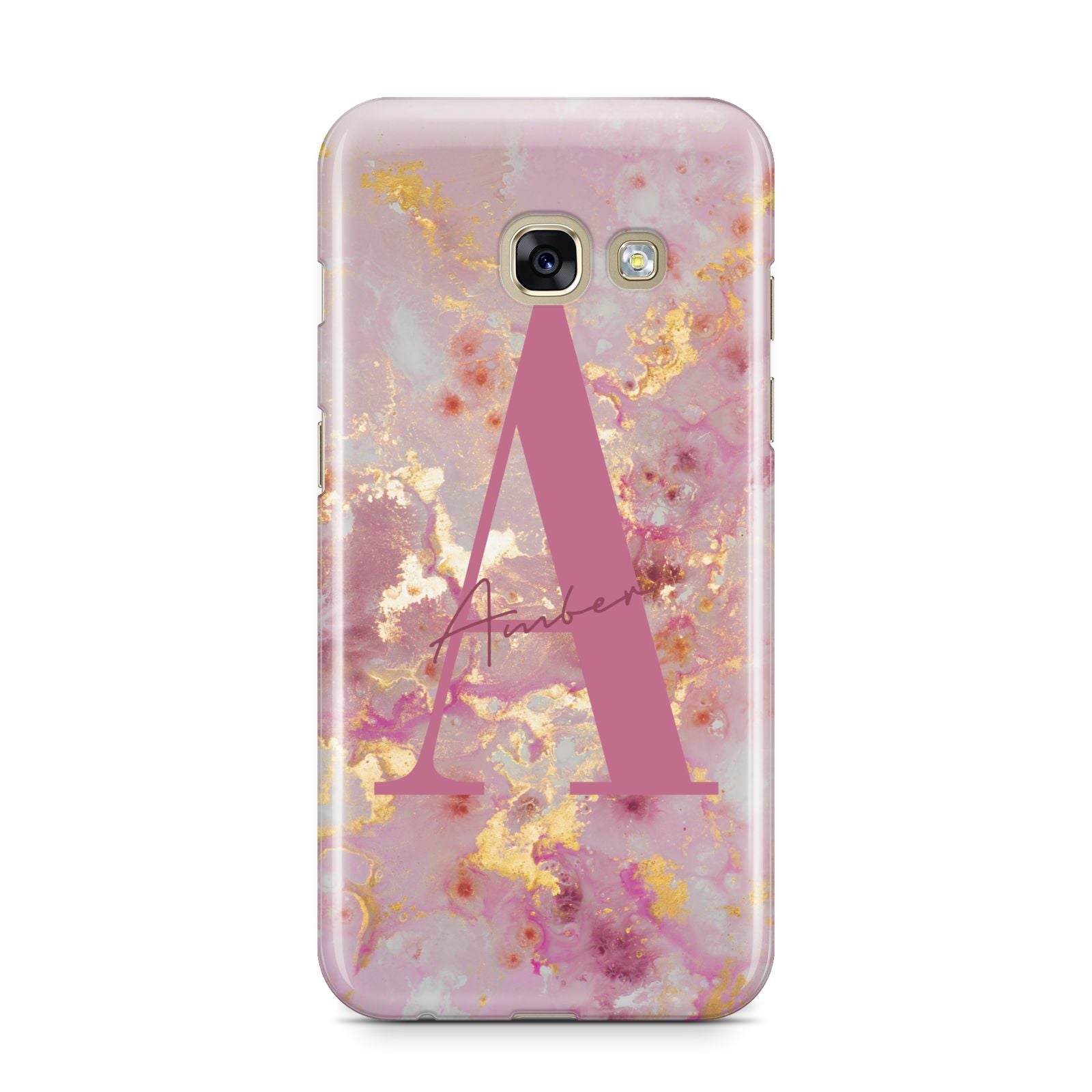 Monogrammed Pink Gold Marble Samsung Galaxy A3 2017 Case on gold phone