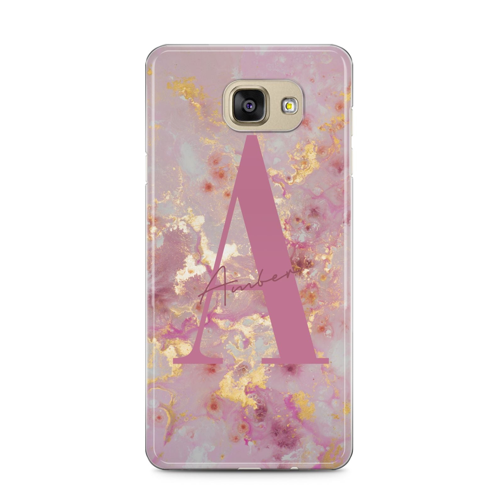 Monogrammed Pink Gold Marble Samsung Galaxy A5 2016 Case on gold phone
